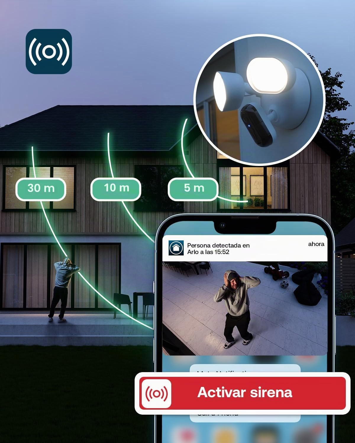 Arlo Floodlight 2K, Cámara Wi-Fi para Exteriores, Calidad 2K HDR, Gran Angular de 160°, visión Nocturna en Color, Sirena de Alarma, comunicación bidireccional, Prueba de Arlo Secure, 1 cámara