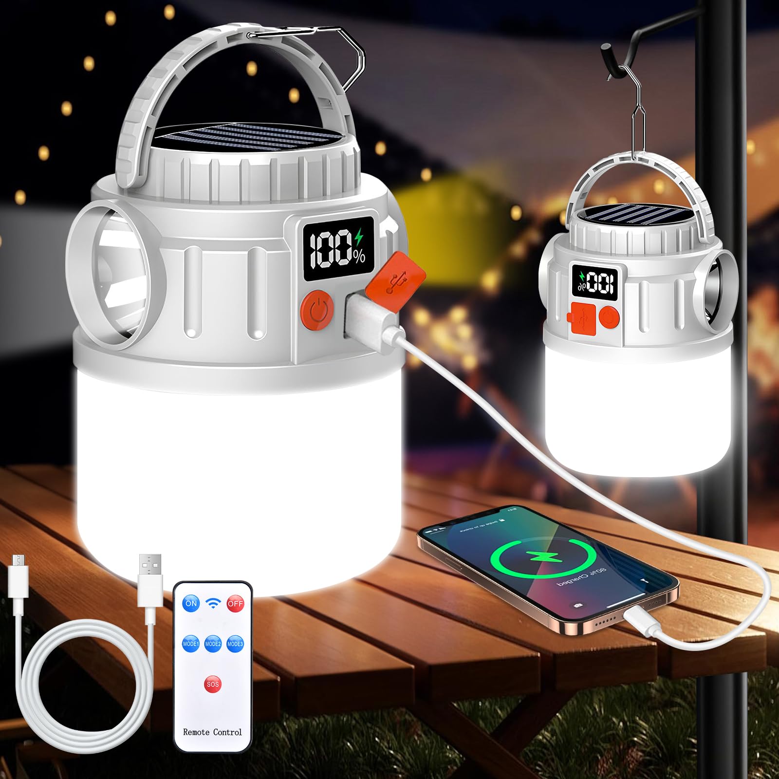 Lanterne Solaire de Camping, Lampe Camping Rechargeable Solaire pour Eclairage Extéieur, Portable Lampe de Camping Imperméables IP54, pour Camping,Excursions, Secours, Pêche, Cave