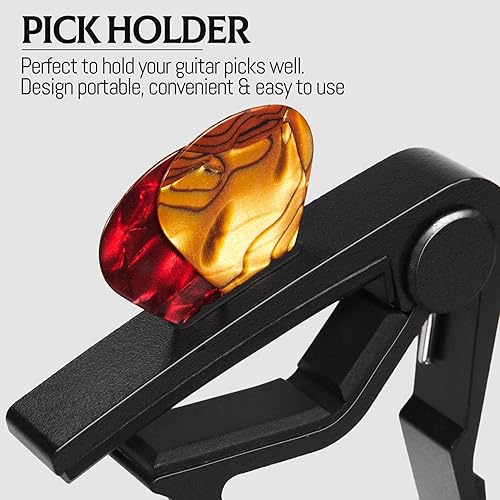 Miniatura 4 de Cejilla de guitarra con soporte para púas para guitarra acústica y eléctrica, ukelele, bajo, banjo con púas de guitarra (negro)
