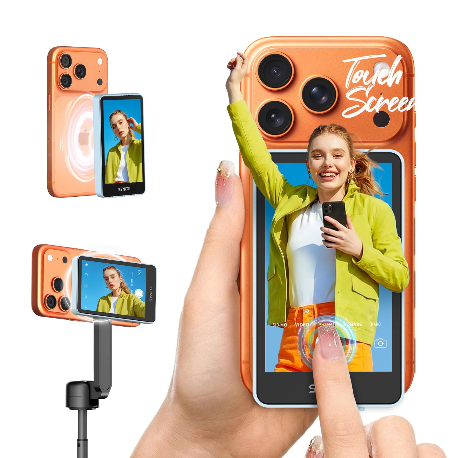 SYNCO XView Monitor Selfie Touchscreen per iPhone 7-17(Blu) | Wireless 50m, Batteria 3H, Supporto 4K/1080p, P2P Diretto, Selfie con Fotocamera Posteriore per Vlog, TikTok & YouTube