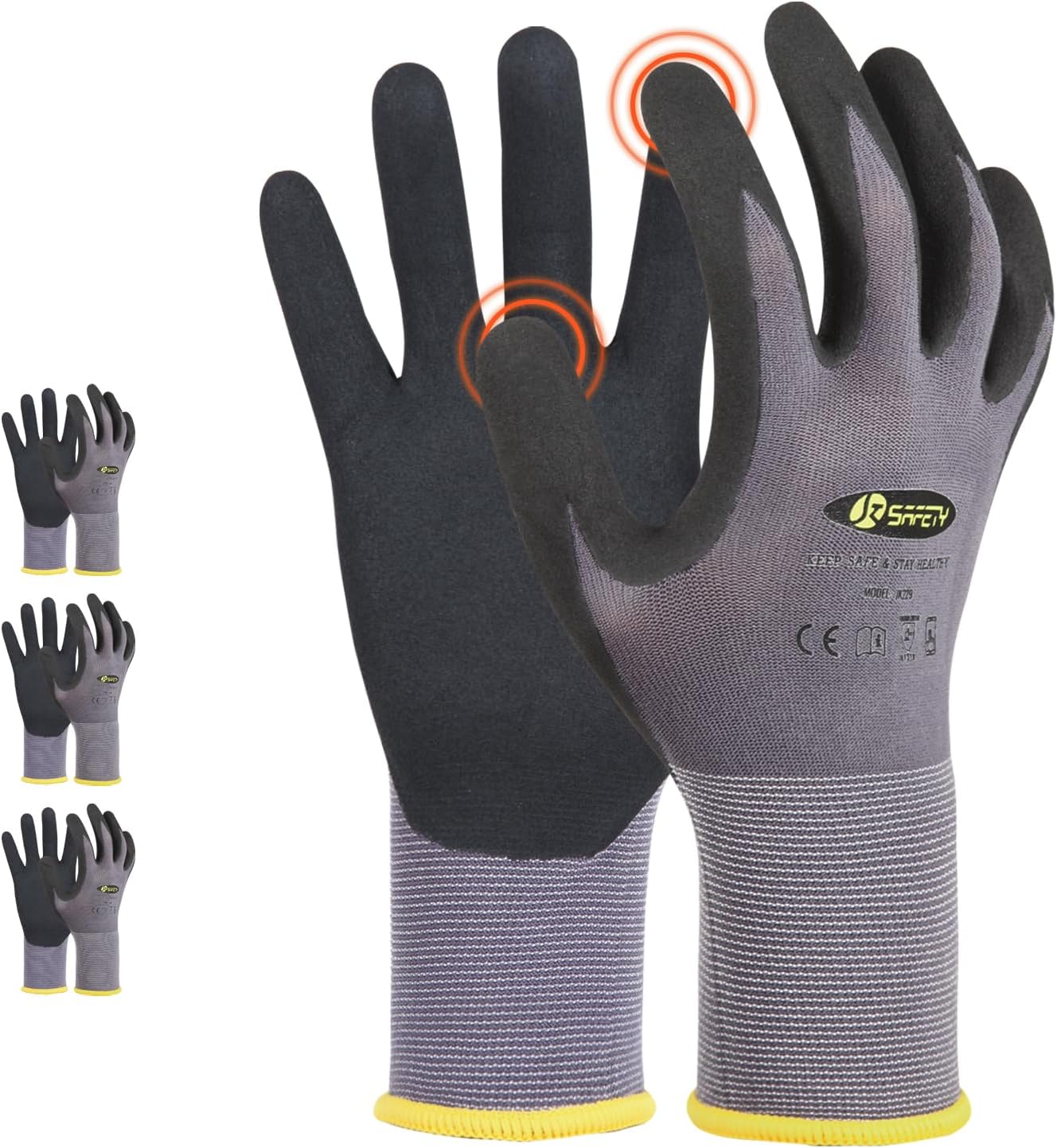 JKSafety Sandy MicroFoam Nitrile Safety Work Gloves with Touch Screen capability 3 Pairs Lightweight Work Utility Gloves EN388 Non-Slip Grips Nylon Spandex material Charcoal Gray (G229-CGrey3 S)