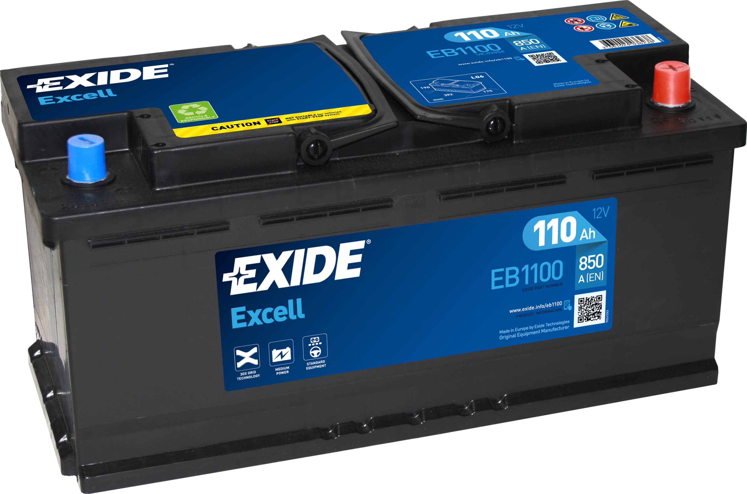 EXIDE EB1100 Excell Autobatterie/Starterbatterie 110Ah 12V 850A DIN/ISO L6 ersetzt Batterie 100Ah 105Ah Kompatibel mit AUDI A4 Avant 8K5, B8 A6 Avant 4F5, C6 A4 Avant 8ED, B7, BMW 5 Limousine E60