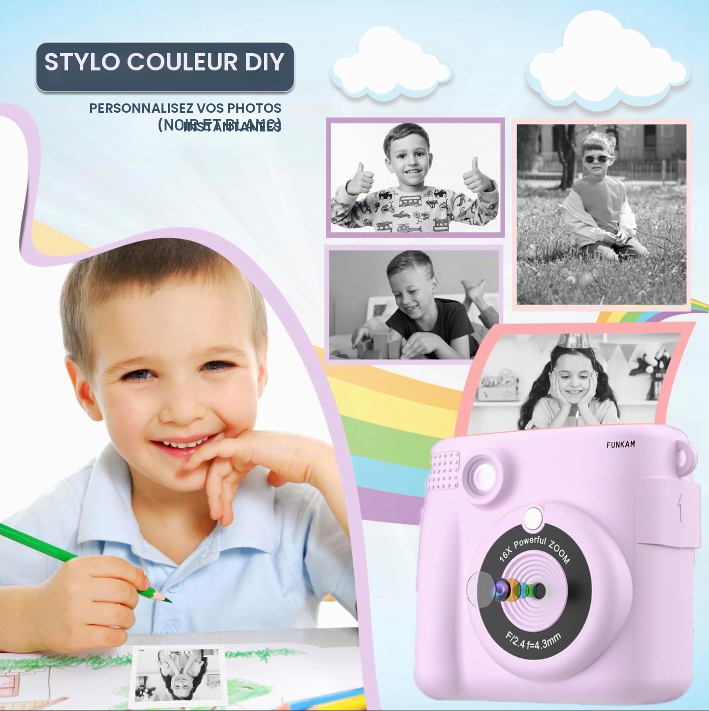 Appareil Photo Enfant Instantanée - 2,4" HD 1080P - avec Carte SD 32 GB, 5 Marqueurs, Autocollants, 5 Rouleaux de Papier, Pendentif. Appareil Photo Enfants et Filles de 3 à 14 Ans.