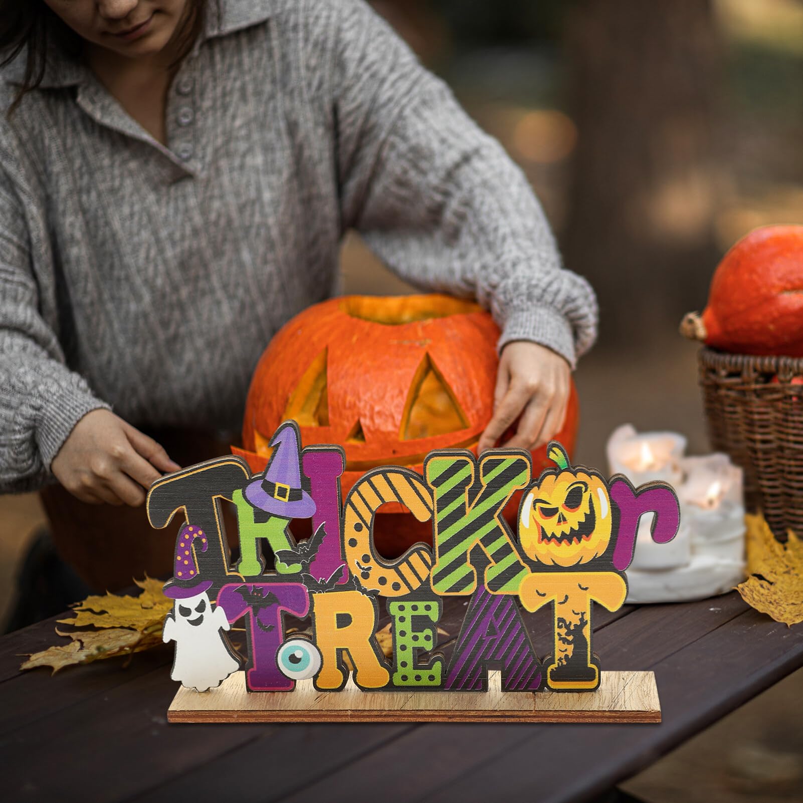 3 Centrotavola Di Halloween In Legno Morofme - Decorazioni Da Tavolo Con Zucca, Boo Spettrale E Happy Halloween Per Feste A Tema - 4