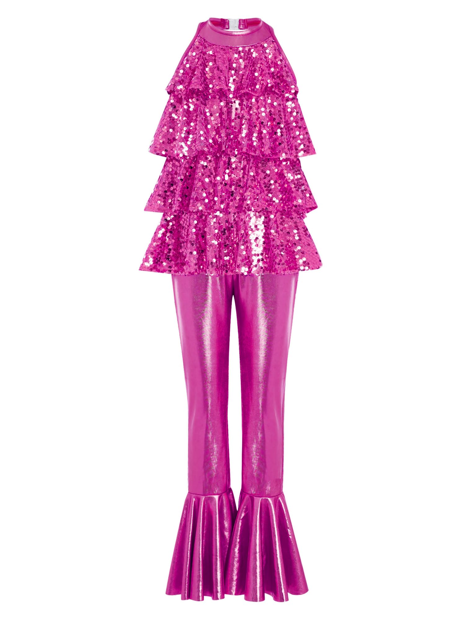 TiaoBug Maillot Lentejuelas De Danza Para Niñas Body Con Pantalones Acampanados Disfraz De Baile Latino Jazz Rumba