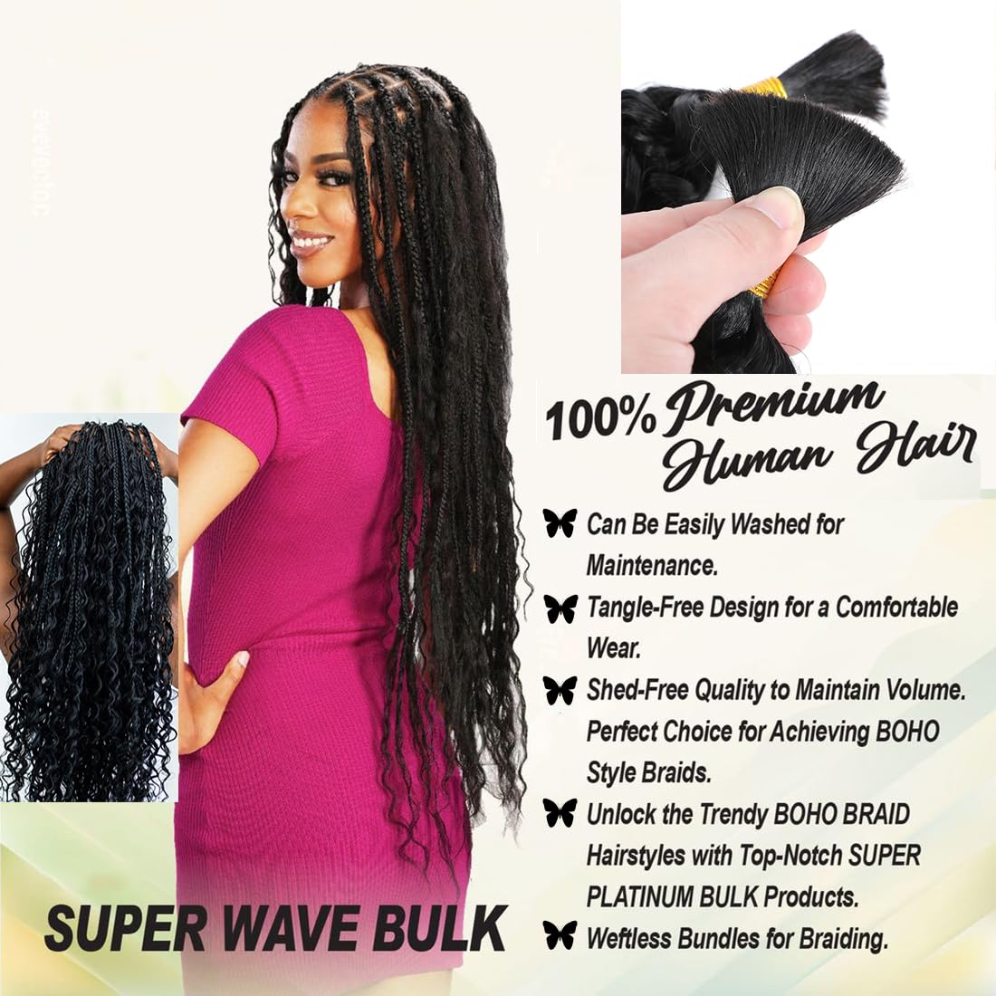 Water Wave Bulk Human Hair 100% Unprocessed Brazilian Virgin Human Hair Extensions Bundles for Braiding Hair Wet and Wave Micro Human Hair (1Pack-2PCS, 24inch, Natural Black)