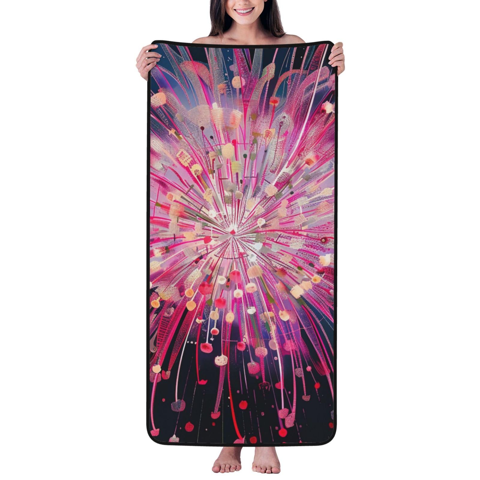 WPKJU Fireworks Art Printed Bath Towel with Black Edging - 27x55 in Soft Extra Absorbent Coral Velvet Shower Towels for Bathroom