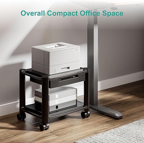 Miniatura 6 de WALI Soporte de impresora con cajón de almacenamiento, carrito de impresora móvil de 2 niveles con ruedas de bloqueo, 3 alturas ajustables para