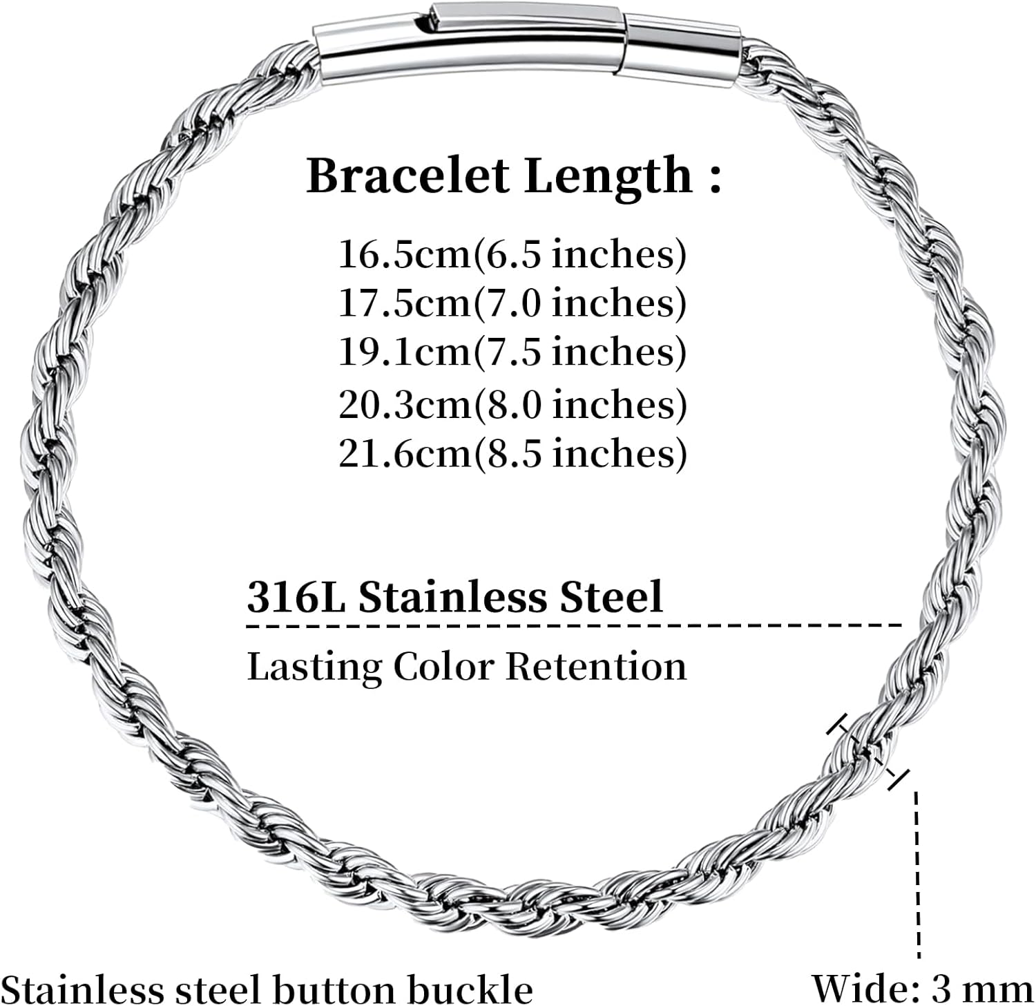 BBXBD Stainless Steel Rope Silve Bracelet for Men Miami Chain Bracelets for Men, 3mm/4mm Wide， 6.5" 7" 7.5" 8" 8.5" Inch Hip Hop Mens Bracelets， Valentine's Day Jewelry Send Gift Box - Image 2