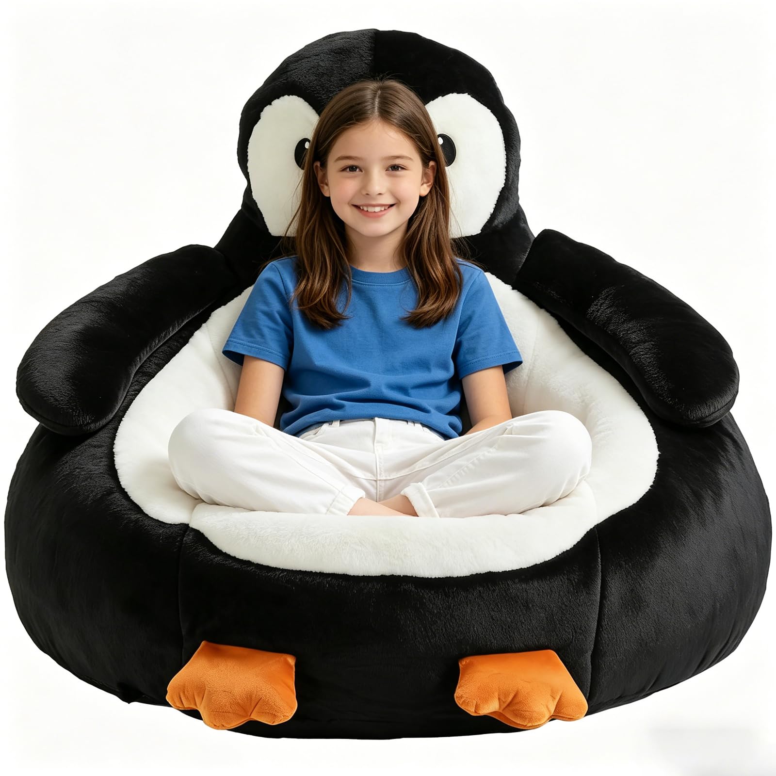 34 Inches Memory Foam Bean Bag Chair - Ultra Soft Faux Rabbit Fur Round Sofa with Handle &amp; Machine Washable Cover, Comfy Chair for Kids Teens, Perfect for Reading Gaming in Living Room Bedroom，Penguin