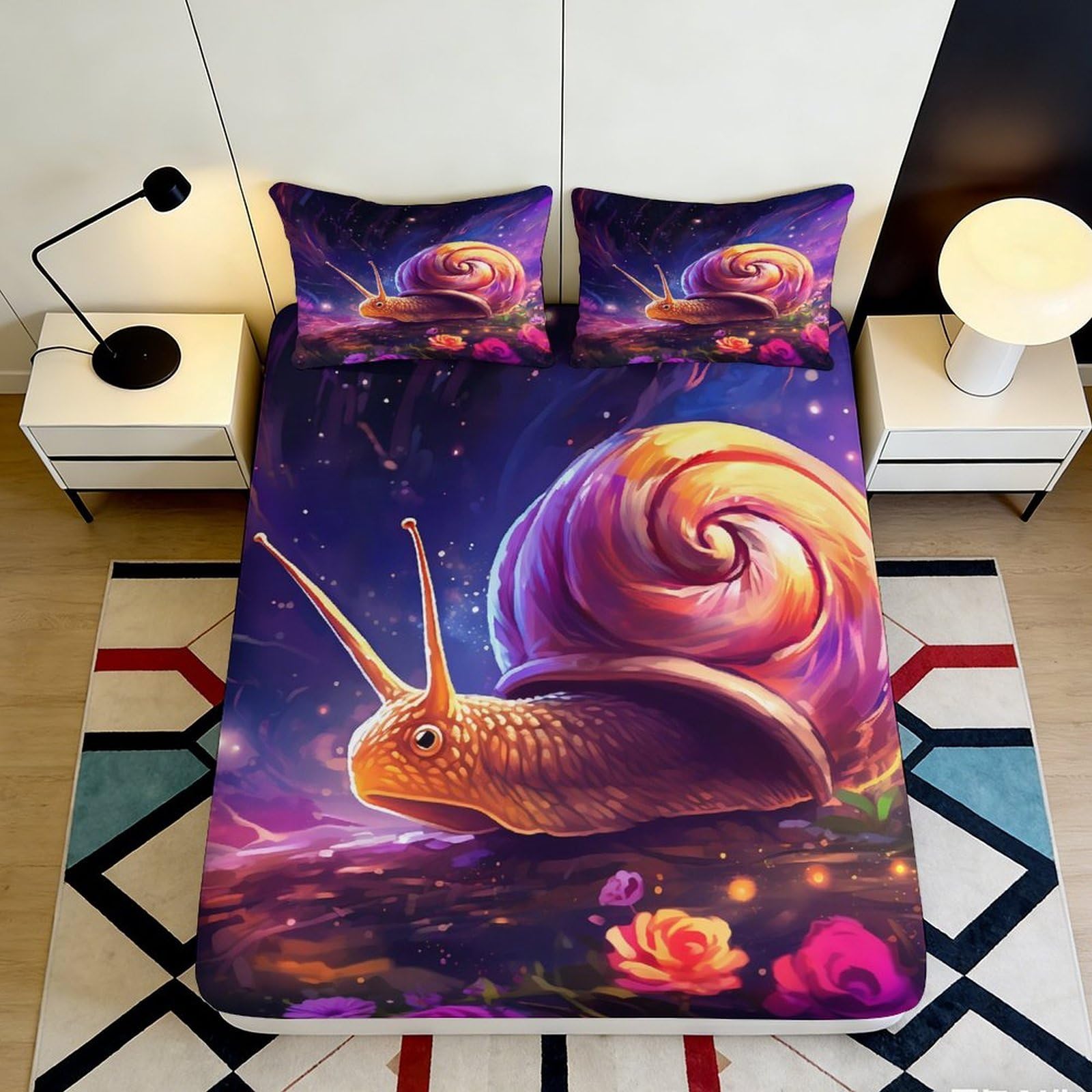 3D Printed Fantasy Snail Fitted Sheet Microfiber Soft Purple Orange Floral Bed Cover for Bedroom Guest Room Decor 90x200x25cm