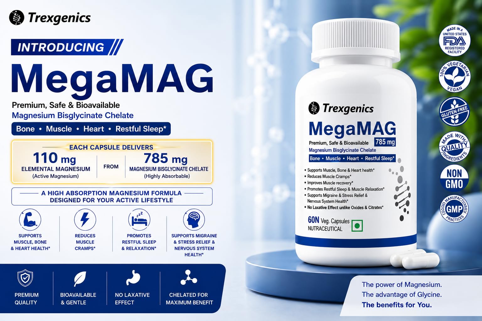 Trexgenics MegaMAG 785mg Magnesium Bisglycinate - Most Bioavailable Magnesium for Sleep, Muscle, Bone & Heart Support (60 Veg. Capsules) (Pack of 1) 1