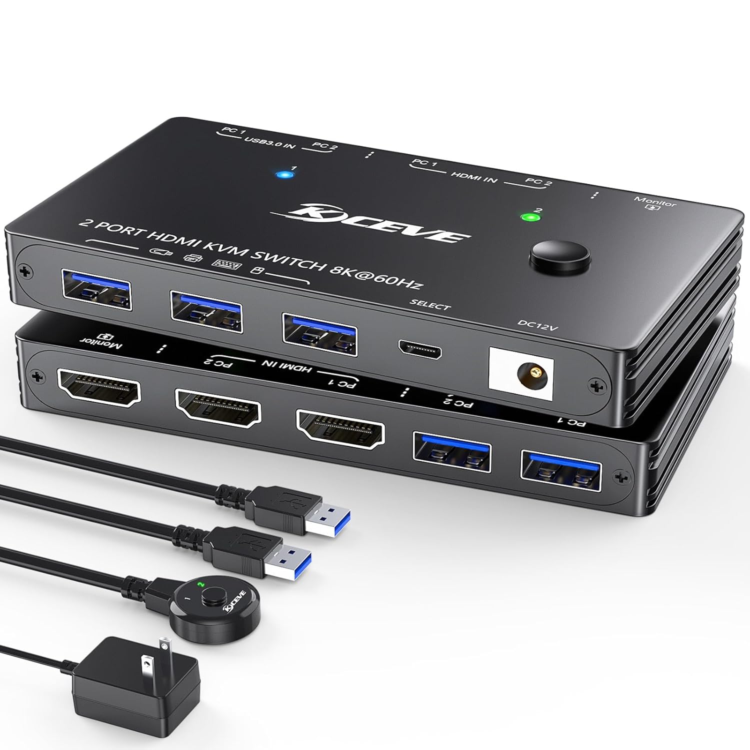 USB 3.0 KVM Switch HDMI 8K@60Hz with 3 USB3.0 Switch for 2 Computers Sharing 1 Monitor Keyboard Mouse with 2 USB Cables, Power Adapter and Controller