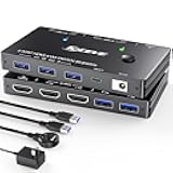 USB 3.0 KVM Switch HDMI 8K@60Hz with 3 USB3.0 Switch for 2 Computers Sharing 1 Monitor Keyboard Mouse with 2 USB Cables, Power Adapter and Controller