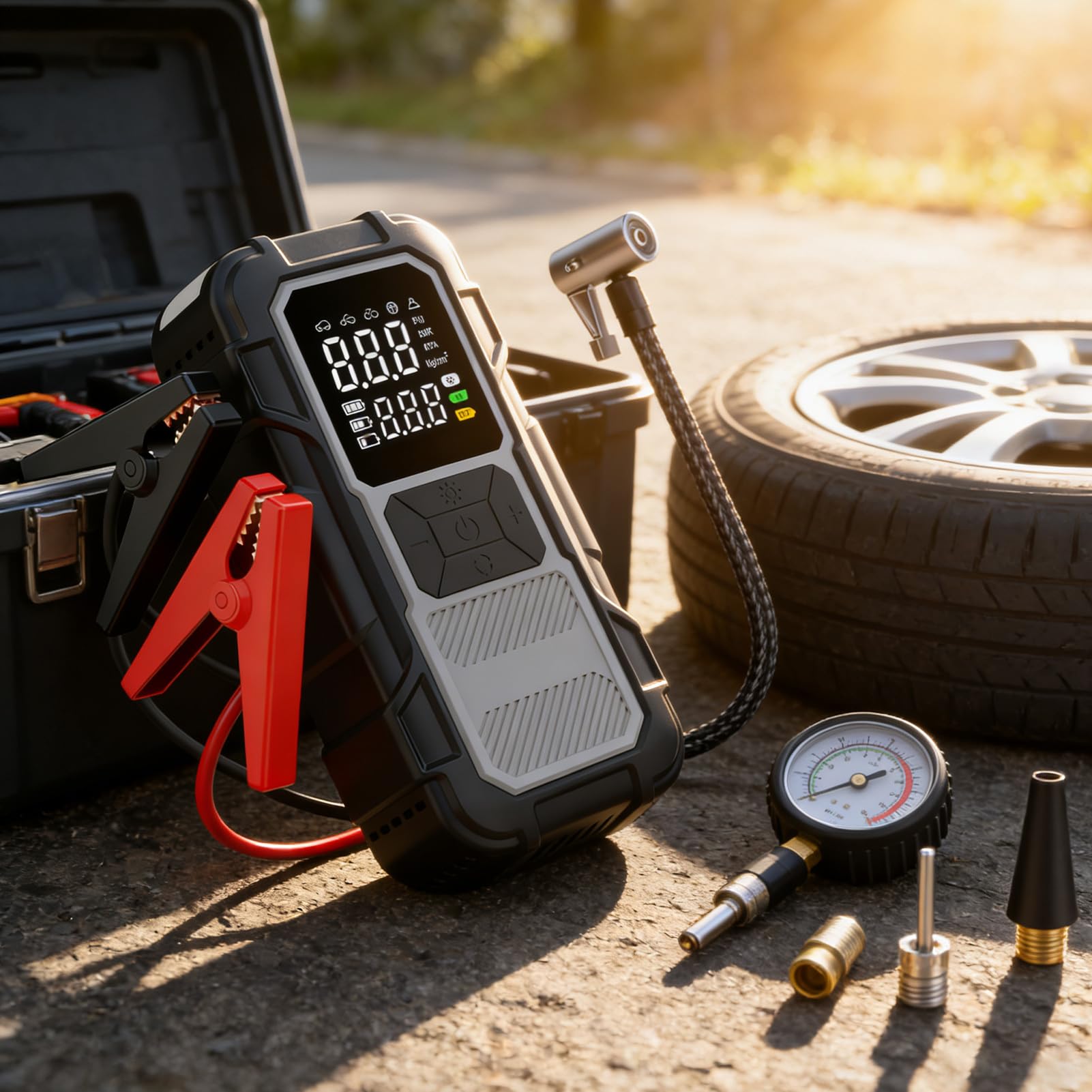 Avviatore Di Emergenza Per Auto Di Illuminazione LED 12V 4000A | Batteria di Avviamento Veicoli con Compressore d'Aria Per Professionisti, Autisti, Guida Quotidiana, Viaggi Lunghi, Strada