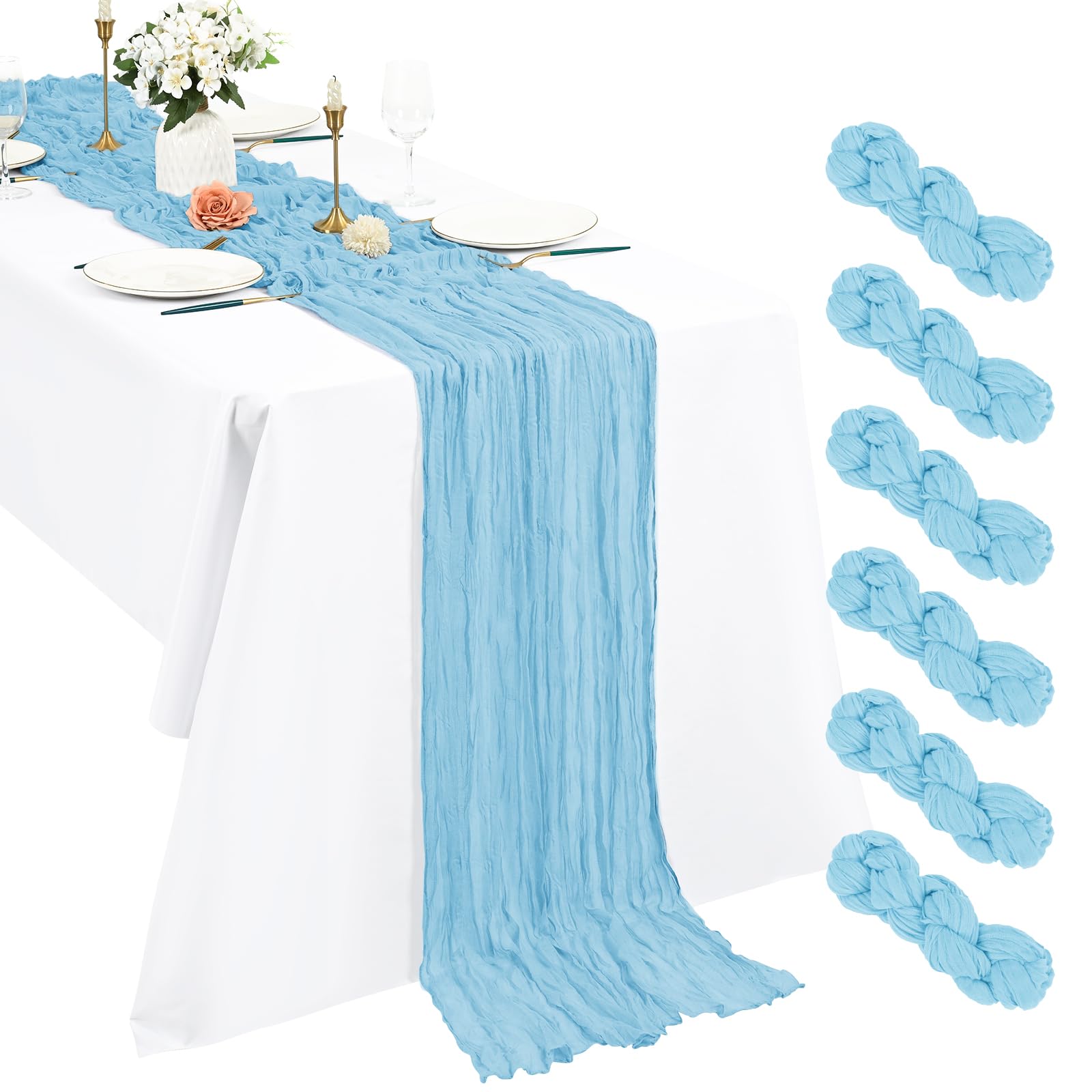 6 Pack Light Blue Cheesecloth Table Runner, 10Ft Boho Gauze 21×120 Inch Rustic Romantic Long for Wedding Party Bridal Shower Thanksgiving Christmas Decoration