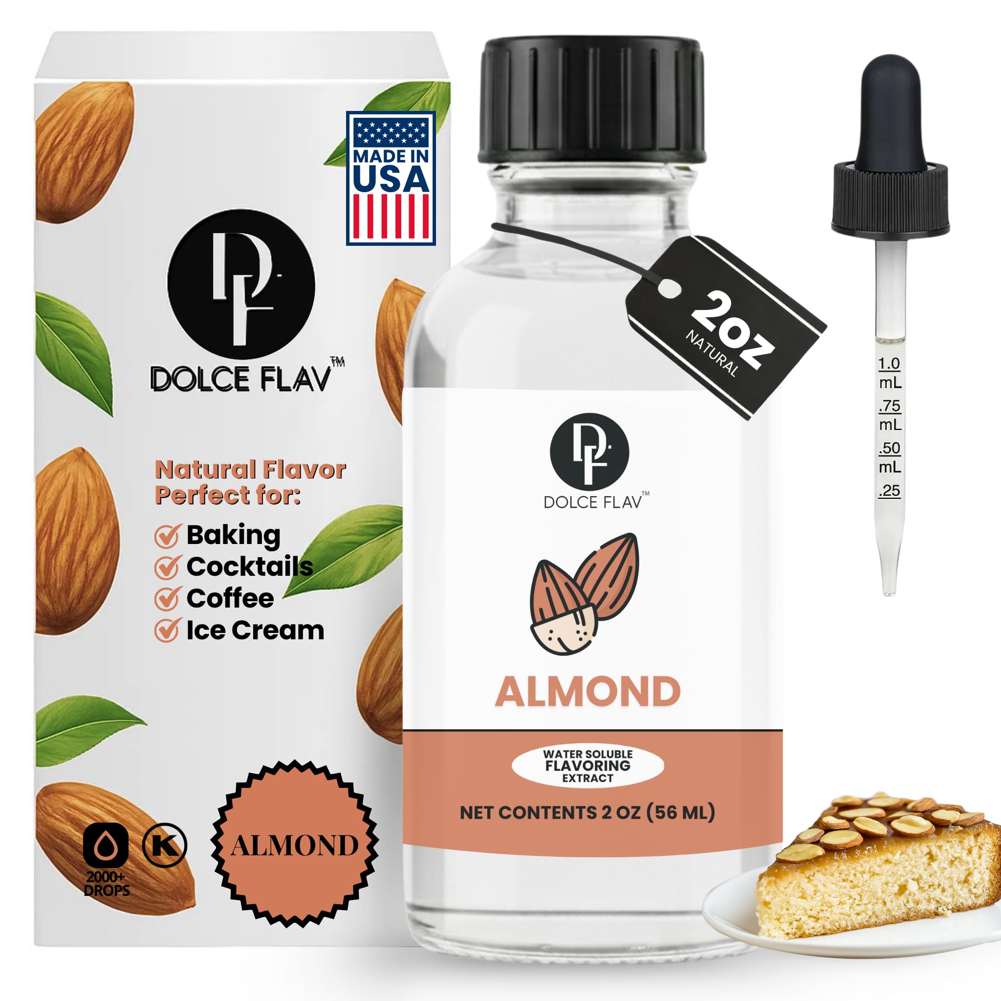 Dolce Flav Natural Almond Extract – 2 Ounce Water-Soluble Kosher, Sugar-Free, Concentrated Pure Almond Flavoring for Baking, Pastries & Beverages, Includes Measured Dropper