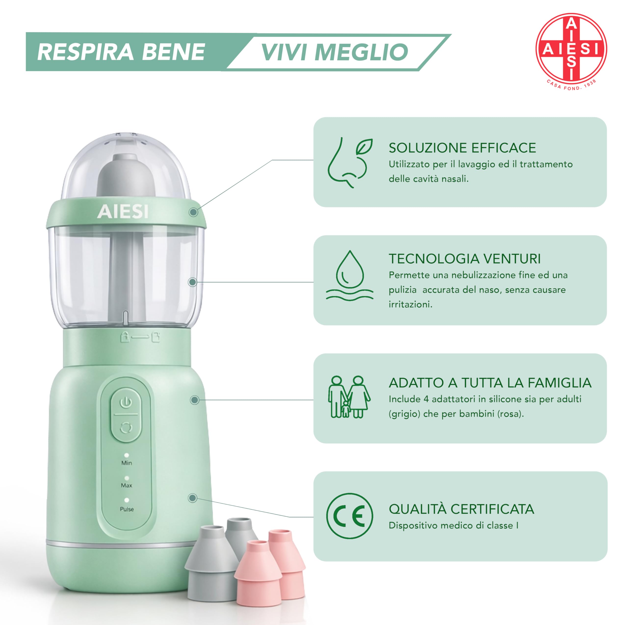 AIESI® Doccia nasale portatile ricaricabile per adulti e bambini NASALWASH, Batteria ricaricabile, 3 livelli di spruzzo, Garanzia Italia 24 mesi