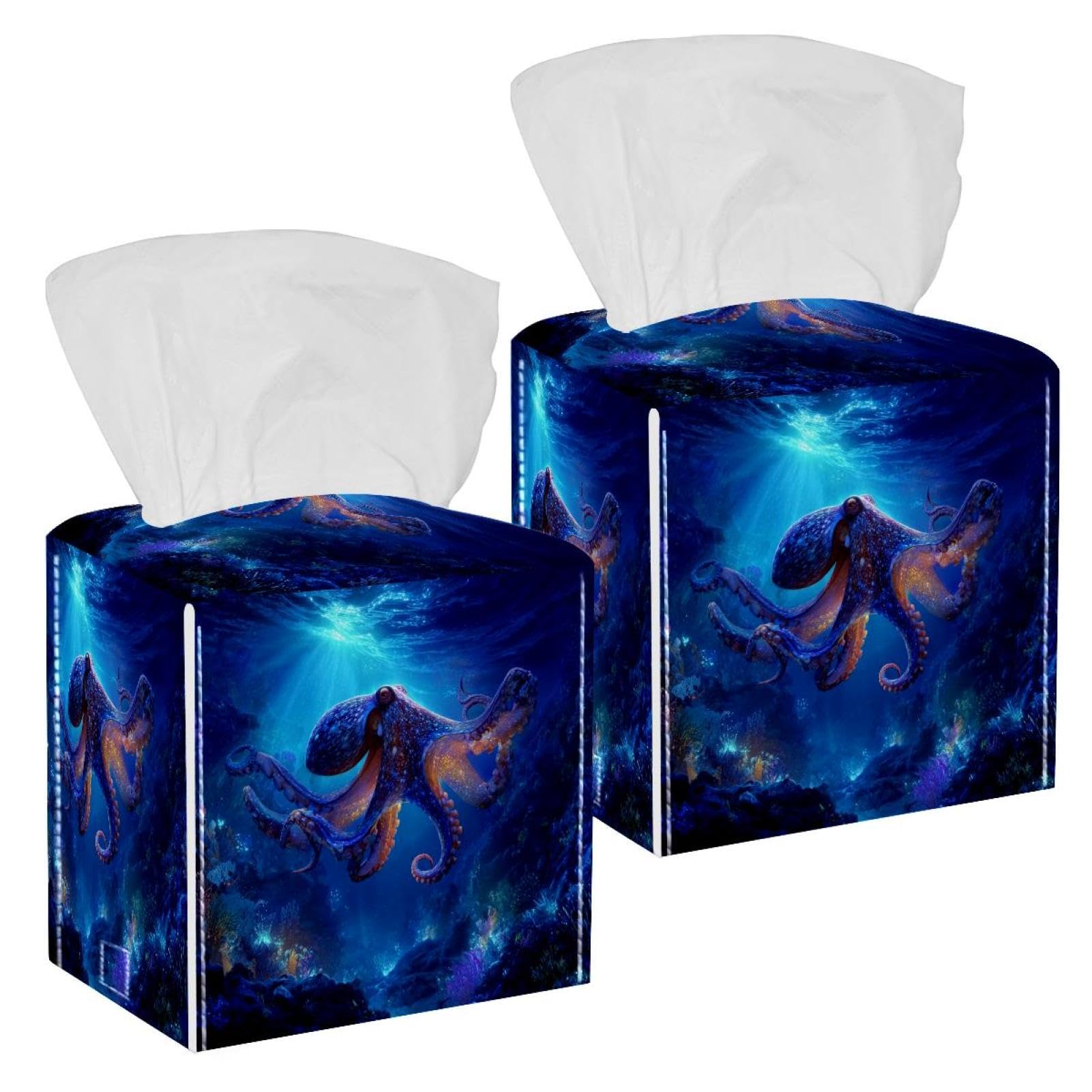 octopus Tissue Box Cover, 2 Pack PU Leather Square Facial Tissue Dispenser Box holder for Home Office Car