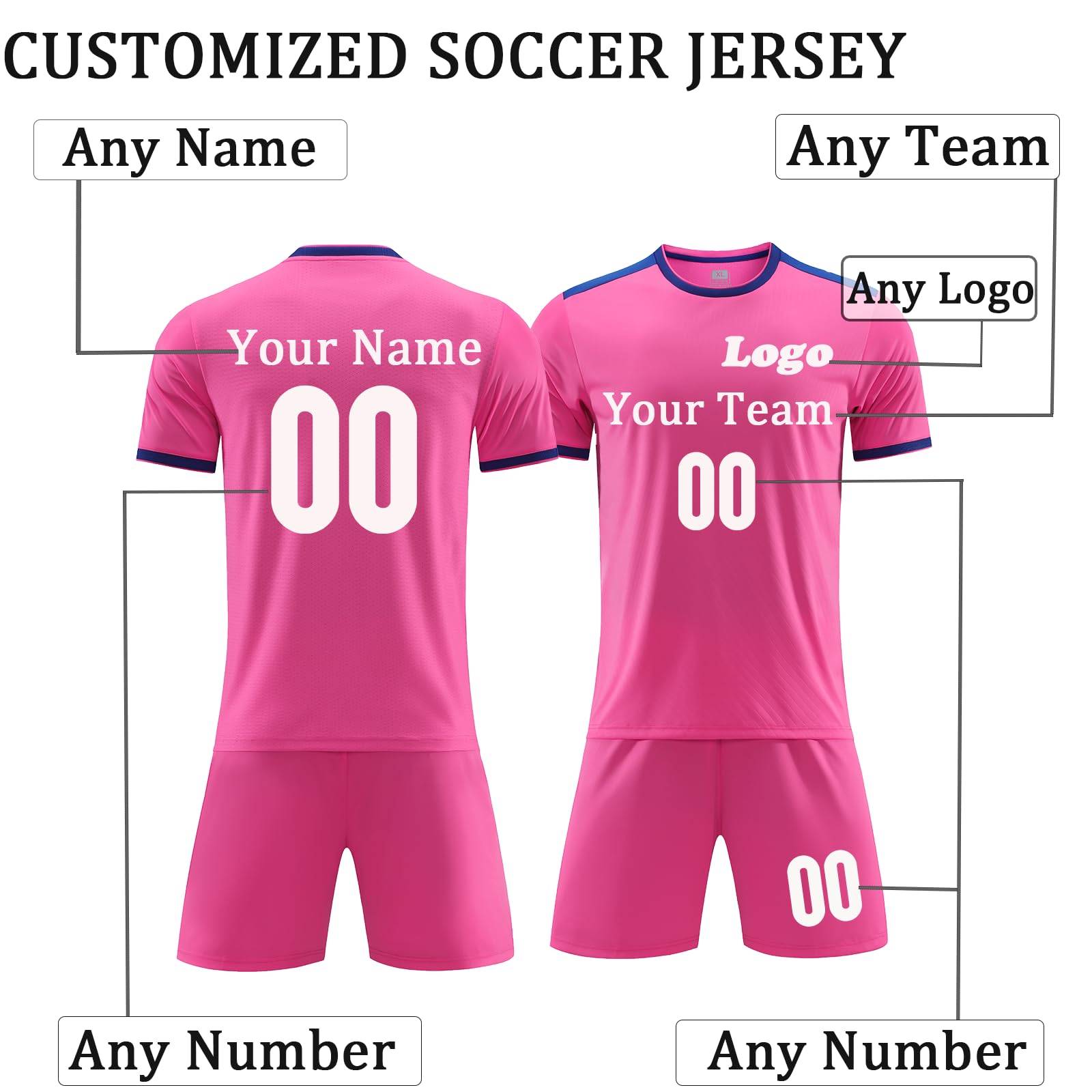 Custom Soccer Jersey for Boys Girls Personalized Soccer T-Shirts and Shorts for Men or Women Rose Red