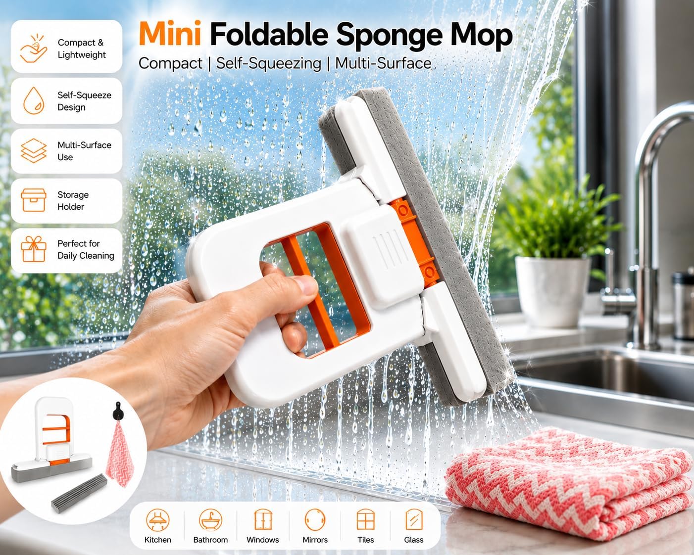Handheld Mini Foldable Mop & Squeegee – Portable Sponge Cleaner for Kitchen Sink, Bathroom, Window Glass & Floor, Self-Squeezing Mop with Storage Holder