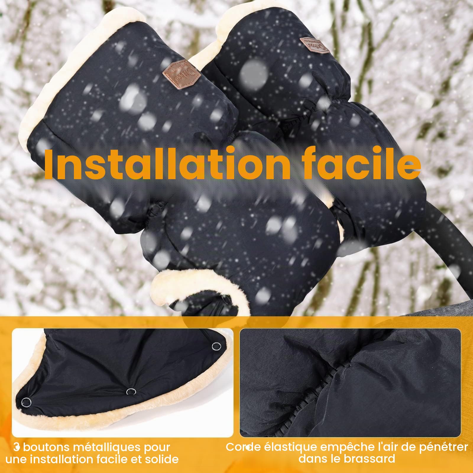 Orzbow Gants Poussette, Moufle Poussette avec Fausse Peau de Mouton, Hiver Gant Poussette Protège-Mains, Extrêmement Chaud, Doux et Coupe-Vent, Universel Antigel Chauffe Main Poussette (Noir)