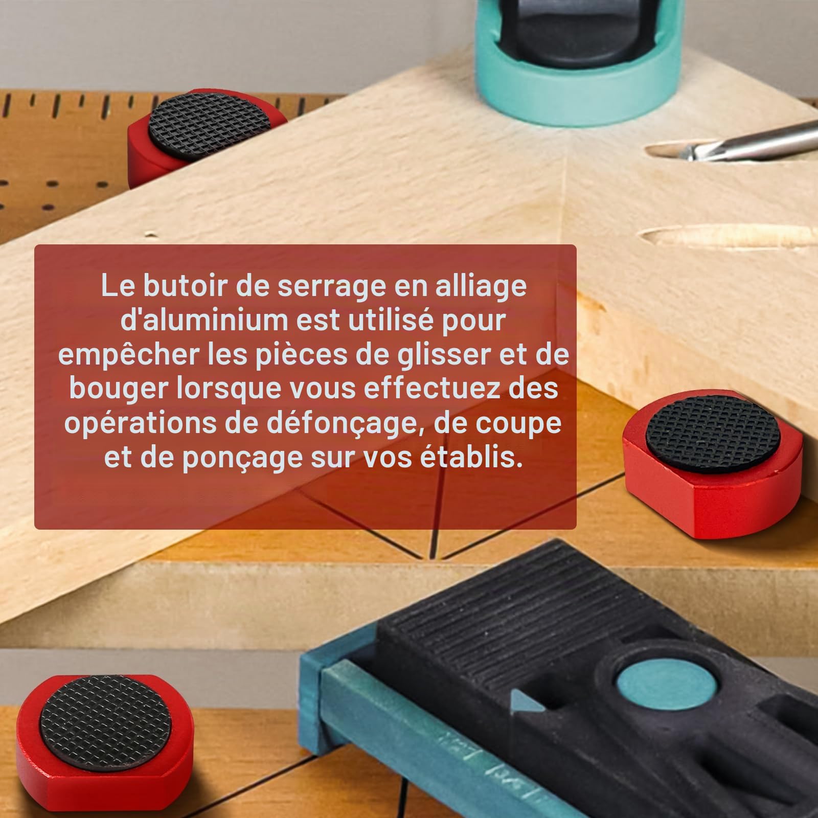 Lot de 8 pinces pour établi en alliage d'aluminium pour chien - Pince d'établi pour le travail du bois - Pince pour établi - Accessoire pour trou pour chien de 19 mm/20 mm (rouge, 20 mm)