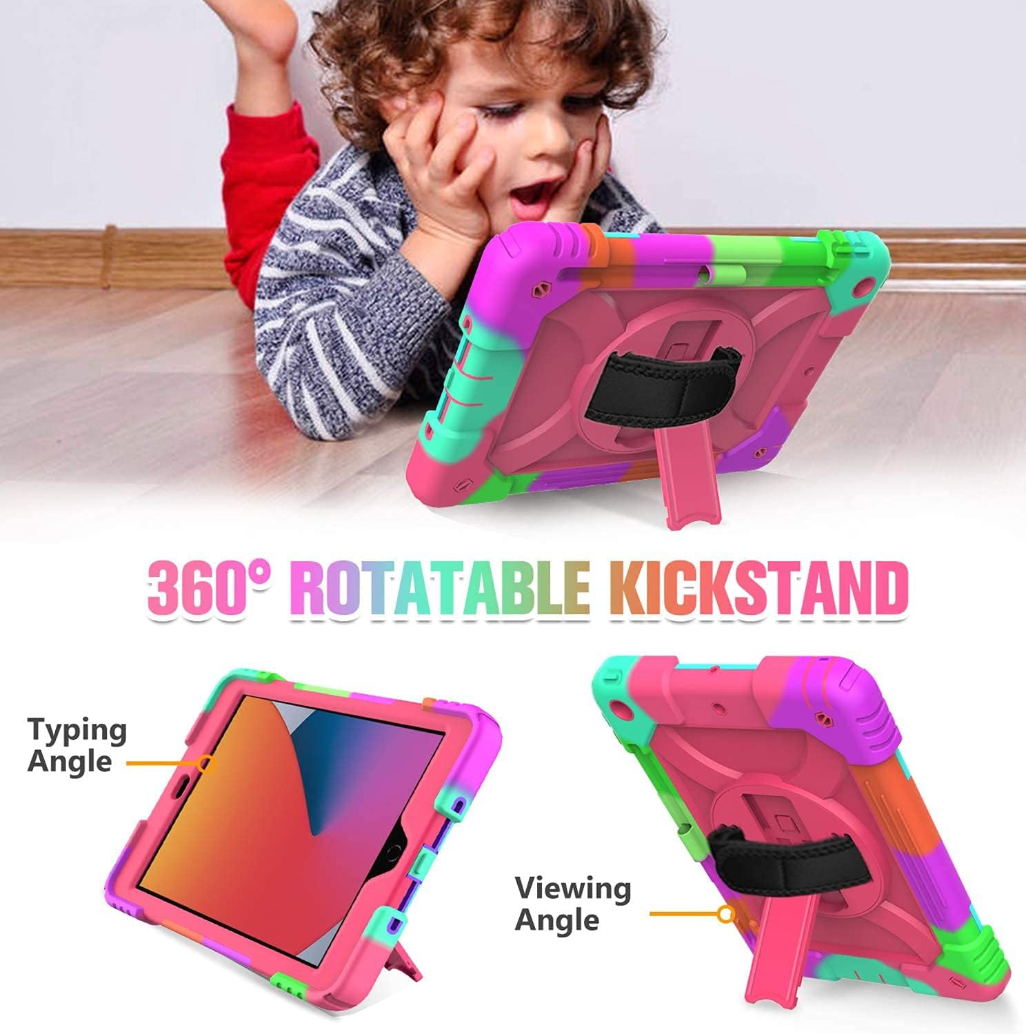 LEDNICEKER iPad 9th/8th/7th Generation case, iPad 10.2 case, Three Layer Protective Kids Case with [360 Rotating Stand] [Hand Strap] [Pencil Holder] for iPad 10.2 9th Gen 2021/2020/2019-Hot Pink
