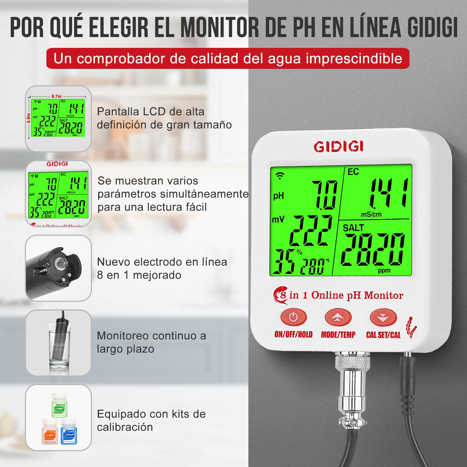 Monitor pH Acuario, Medidor pH y EC Continuo Hidroponia con Wifi, La Pantalla Grande Puede Mostrar Múltiples Parámetros Simultáneamente, 8 en 1 pH EC PPM ORP Sal y Humedad para Acuario, Hidroponia