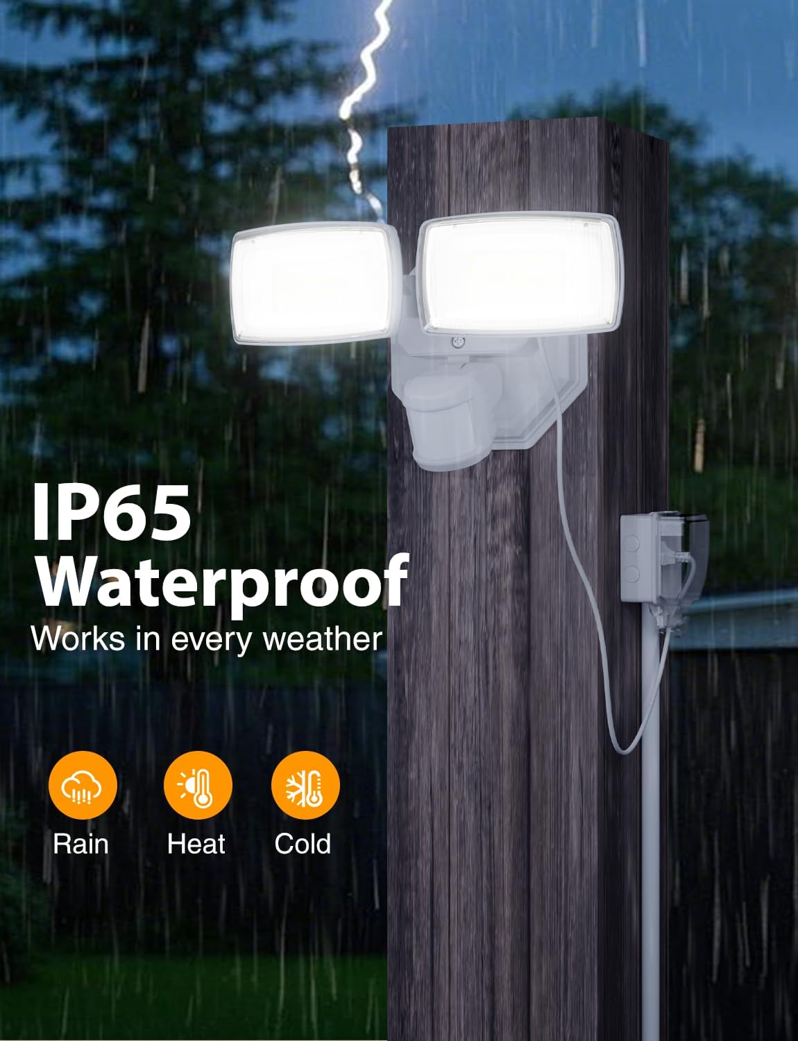 Onforu 32W Plug in Motion Sensor Lights Outdoor, 3200LM Motion Flood Light Dusk to Dawn, IP65 Waterproof Led Security Light Outside, 2 Heads Motion Activated Wall Light for Garage, Porch, Yard - White
