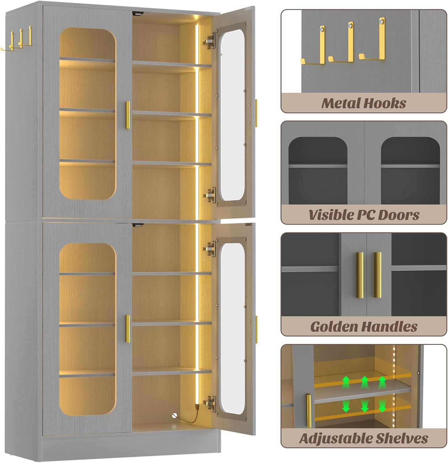 Cyclysio 67" Display Cabinet with PC Doors & LED Lighting - 8-Tier Storage Cabinet with 330lb Capacity & Adjustable Shelves for Entryway, Bedroom (Grey, Set of 1)