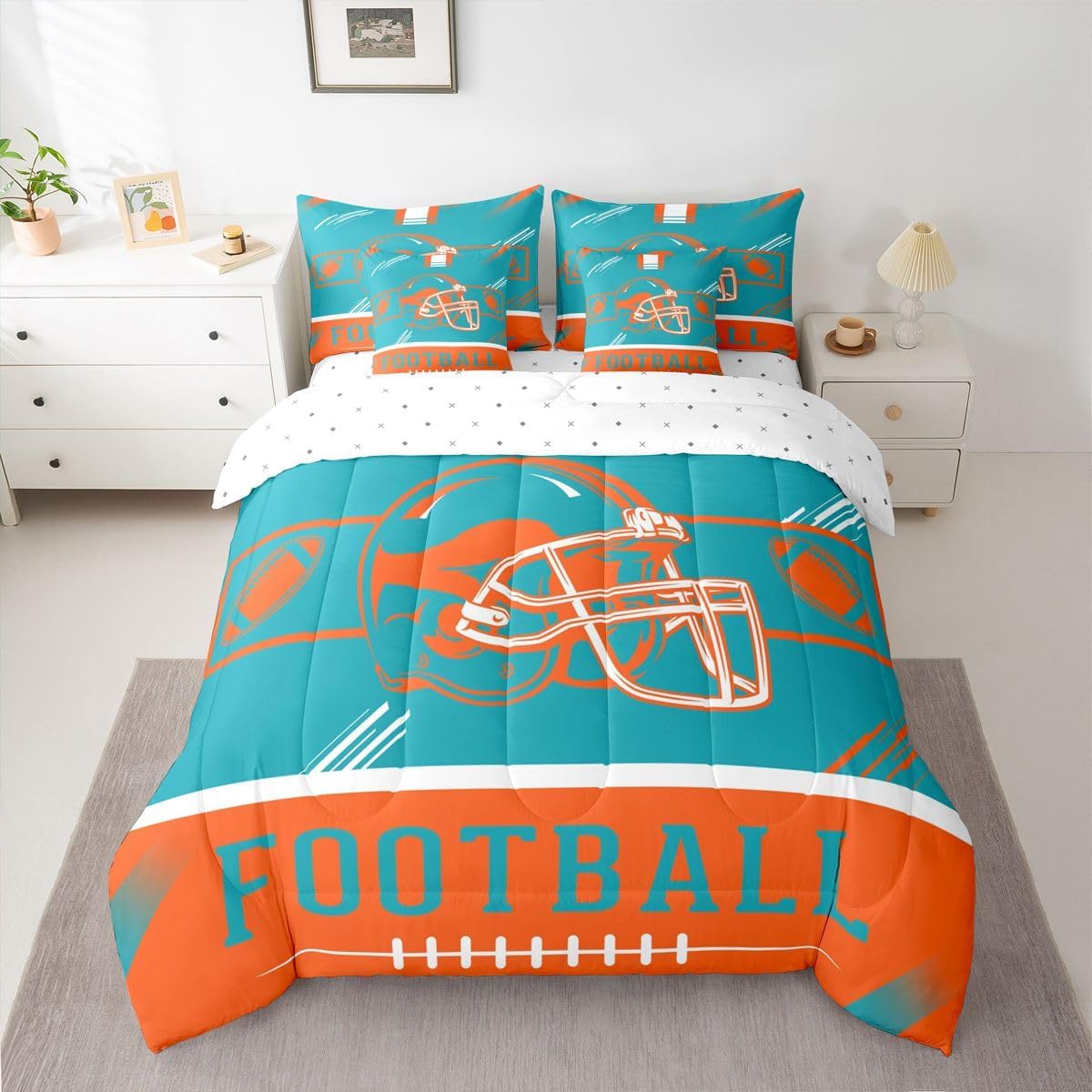 Erosebridal Rugby Helmet Bedding Set Queen Comforter Sets with Sheets Sports Room Decor for Boys Gridiron Bed in A Bag, Teal Orange Seasonal Color Bed Set, Sports Fans Gifts