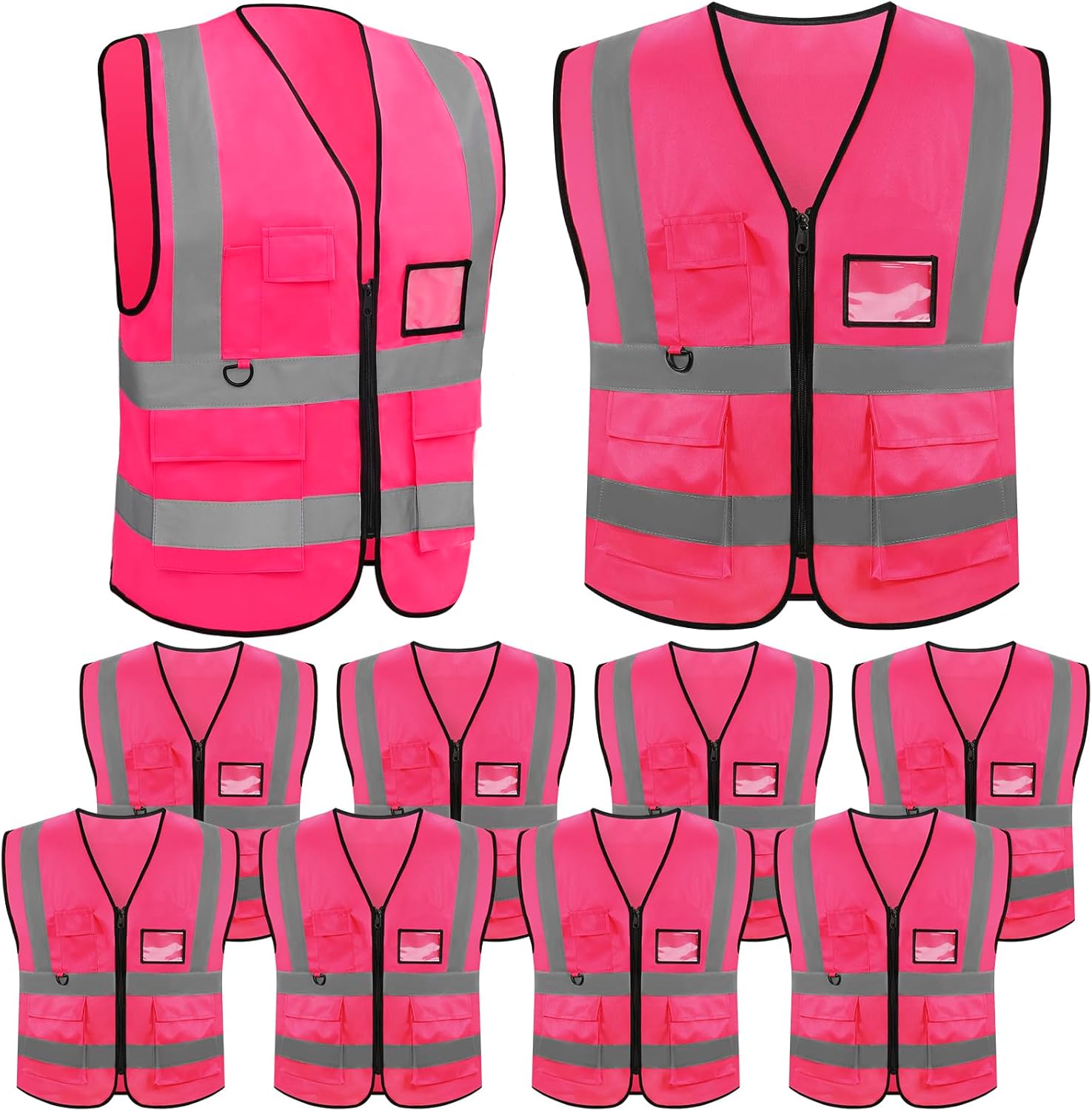 10 Pack Reflective Vests, Pink High Visibility Reflective Vest, Construction Vest with Pockets and Zipper, Work Vests for Men Women