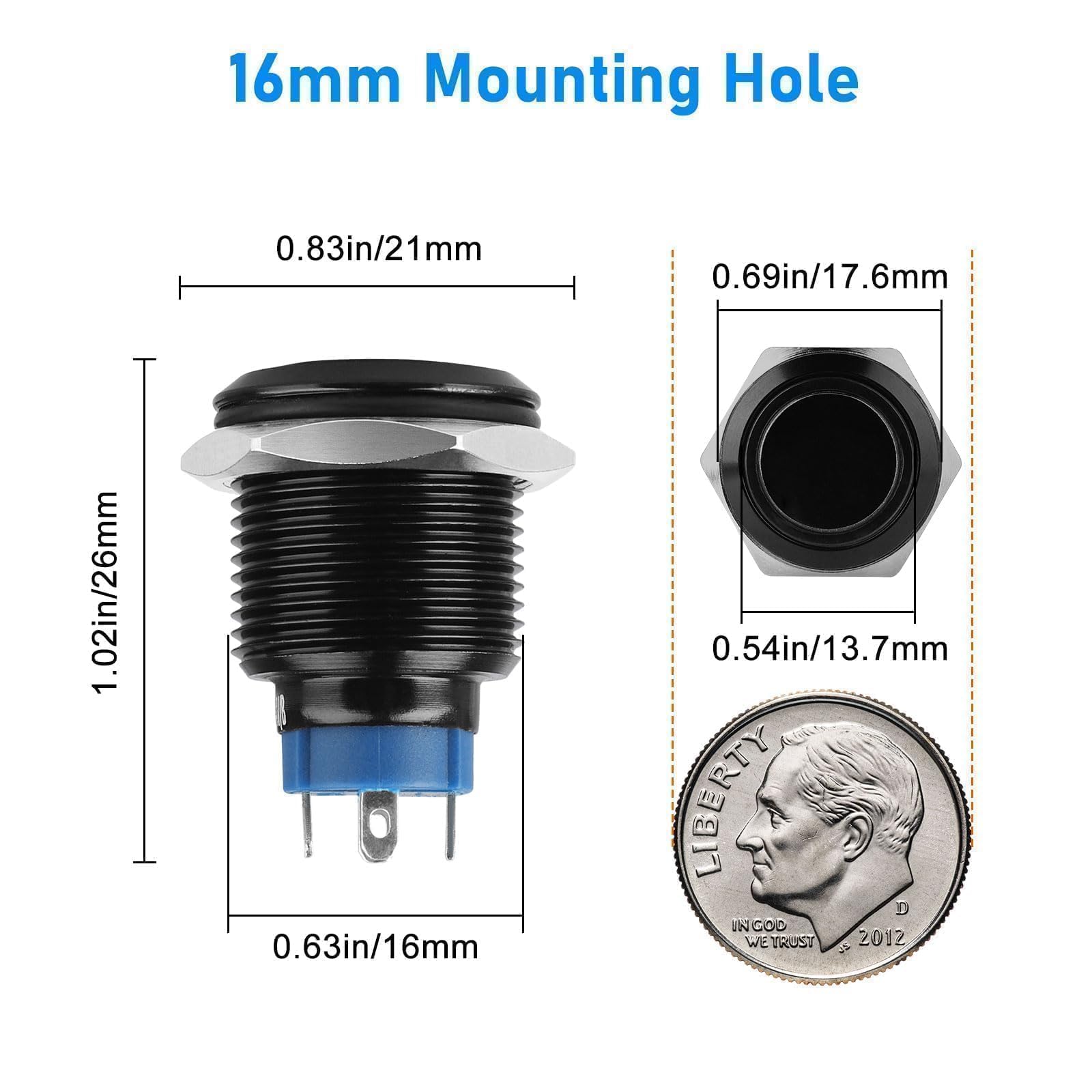 Interruttore A Pulsante 16mm Con LED Blu: Accendi E Spegni Con Stile! - 2