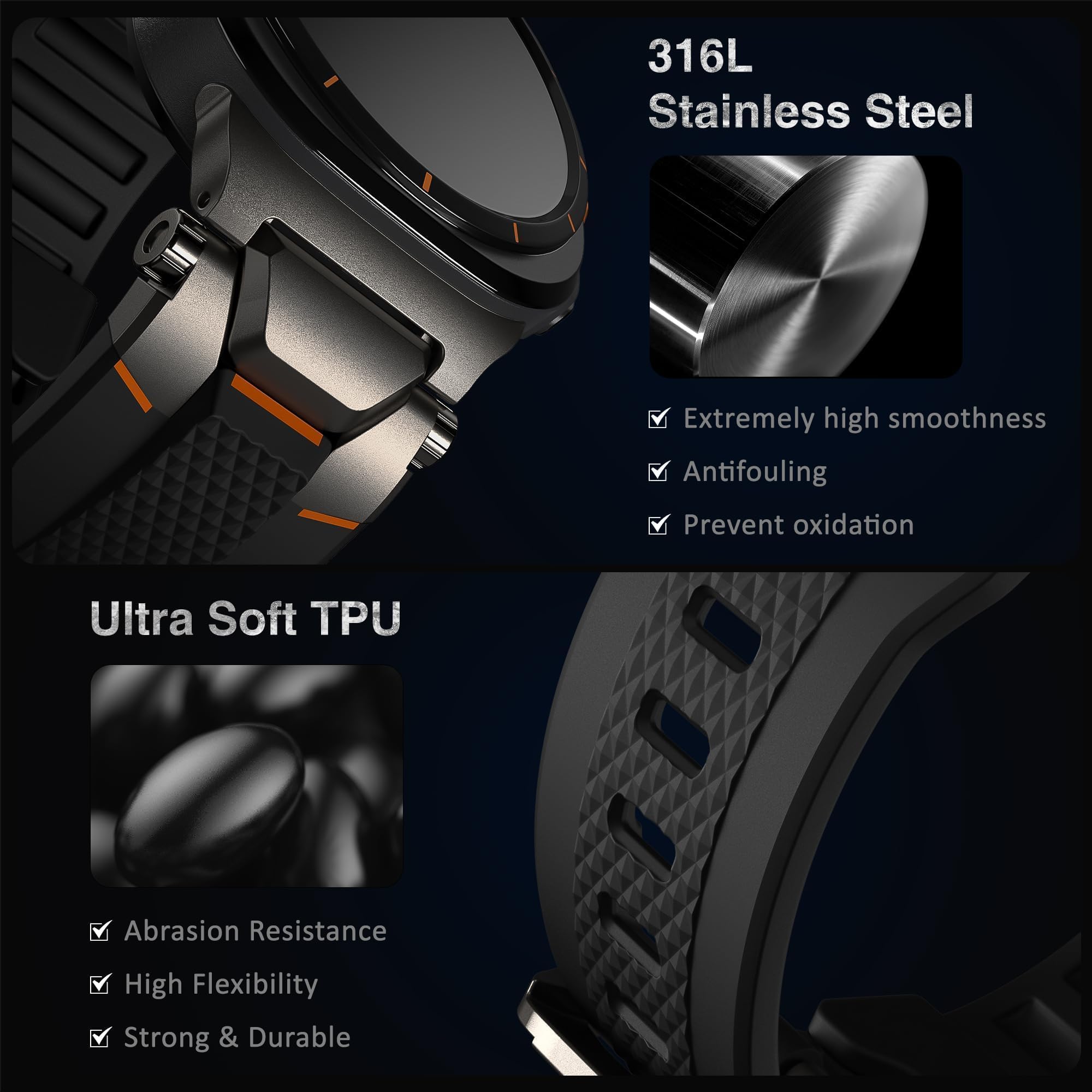 ULTIMAL Armband für Samsung Galaxy Watch Ultra 47 mm (2024), kompatibel mit Samsung-Armband für Herren, sportliches robustes Premium-TPU und Metall