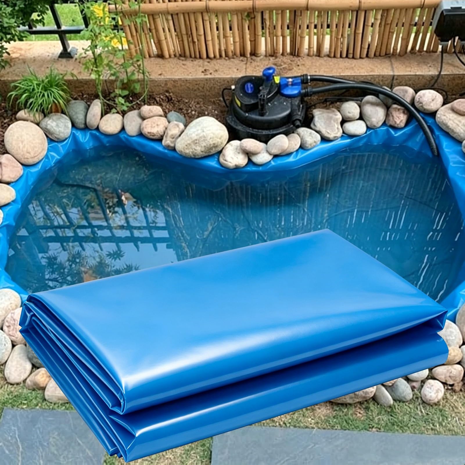 Scumlovy Preformed Pond Liner Blue Fish Lining, 3x4m 4x5m 5x5m 6x8m Flexible HDPE Underlay Tarpaulin, Reservoir Sealing Film Streams Fountains Damp Proof Membrane | 6x8m(19.7x26.2ft)