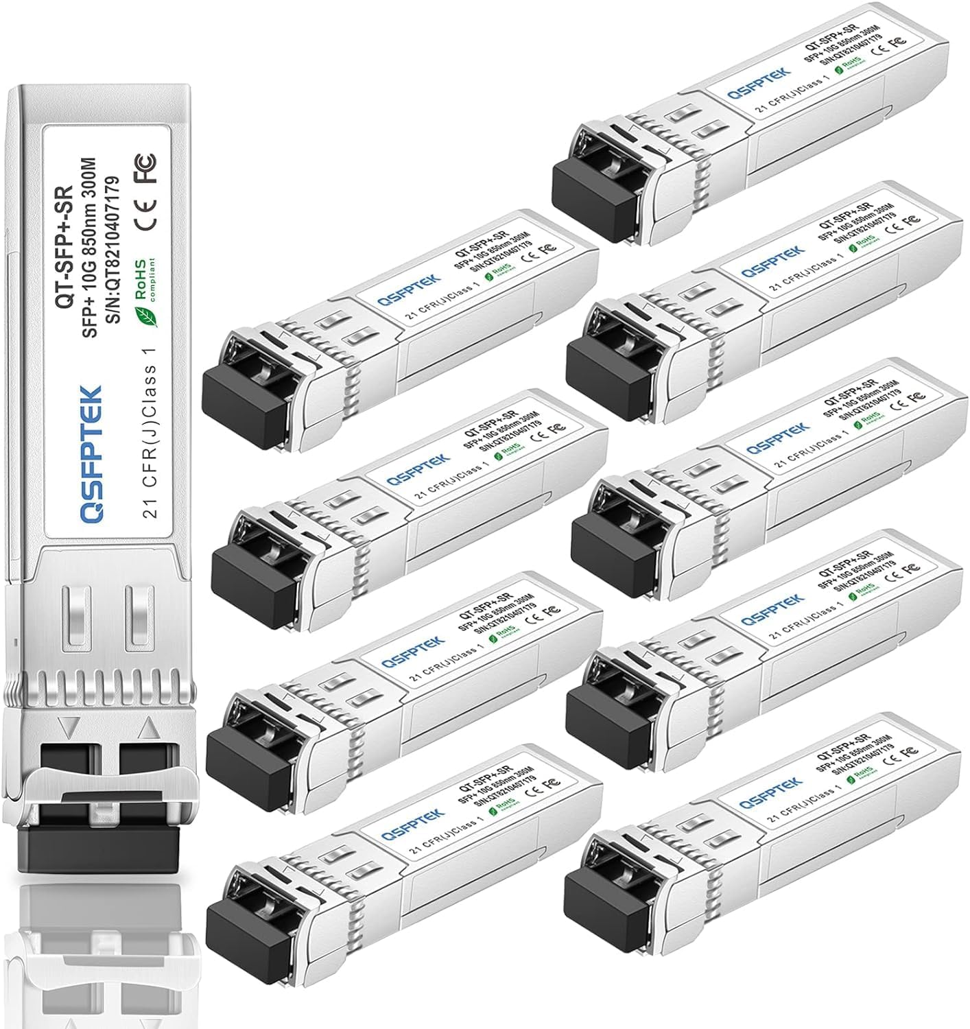 QSFPTEK 10Pack 10GBASE-SR 10G SFP+ Transceptor LC Port Mini-GBIC Multimodo 850nm, 300M, DDM para Cisco SFP-10G-SR, Ubiquiti UF-MM-10G, Mikrotik, D-Link, Supermicro, Linksys