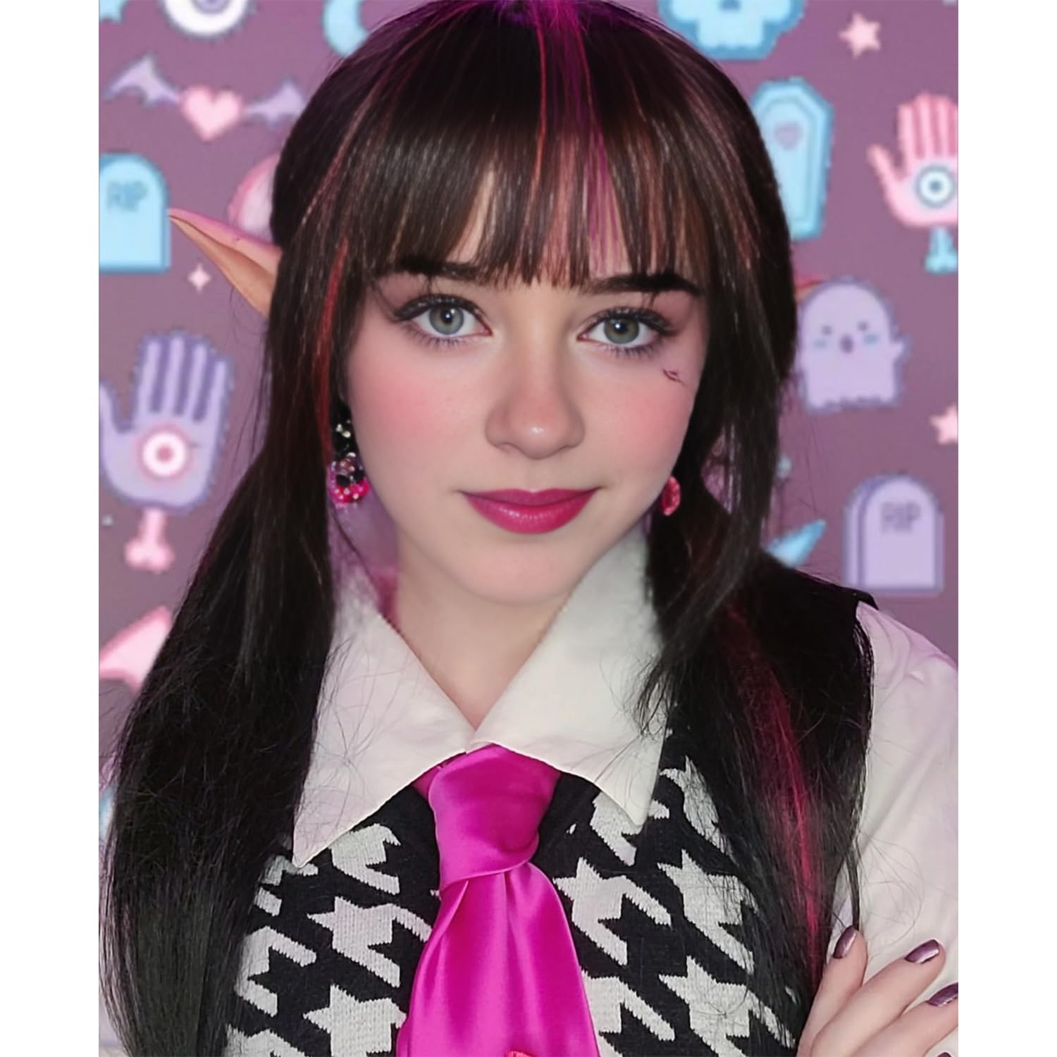 WAVELNM Kids Black and Pink Wig with Bangs Child Black Wigs with Pink Highlight Long Straight Wigs for Kids Girls Daily Halloween Cosplay Wig