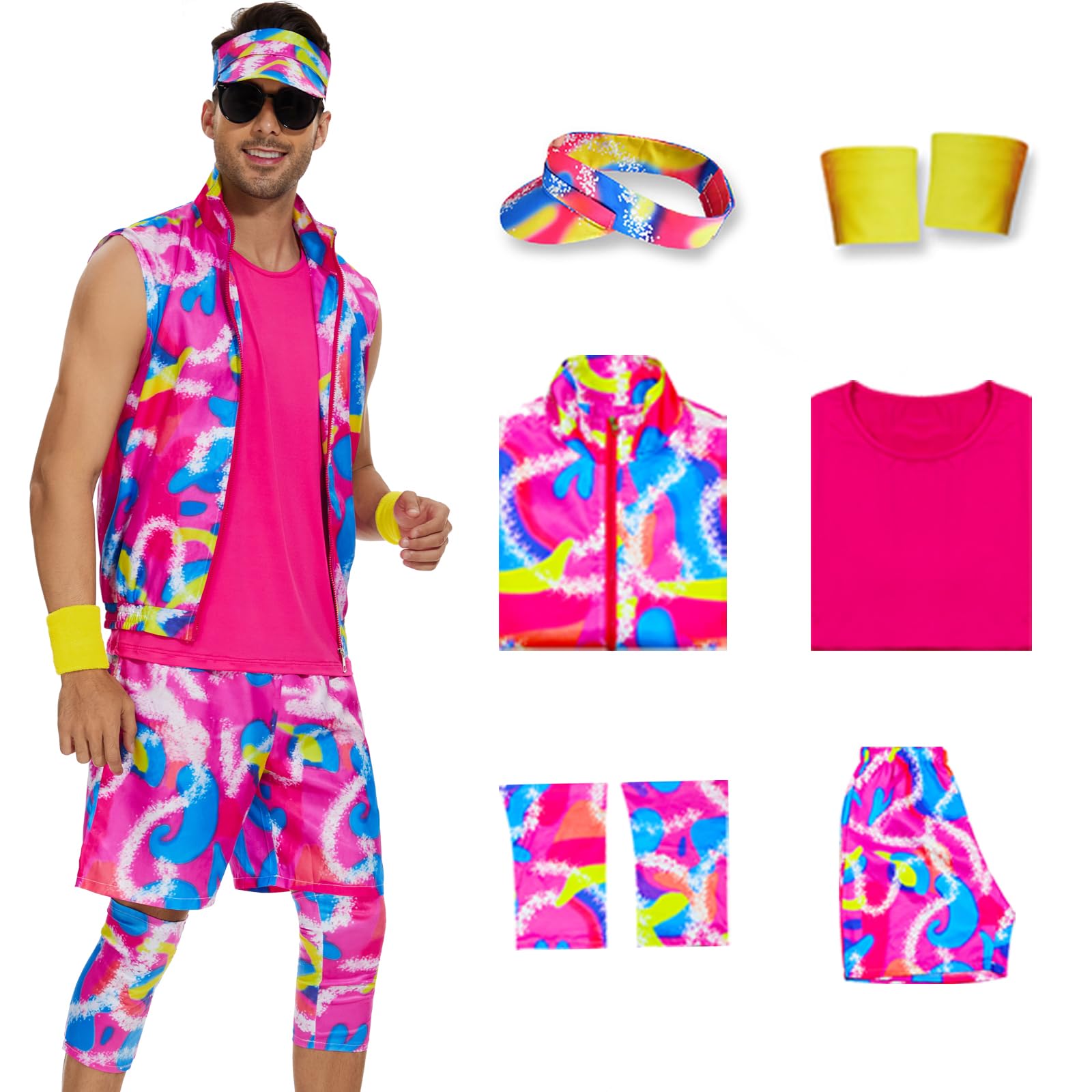 AYYOHON Mens 80s Workout Costume Sleeveless Jacket T-shirt Shorts Set with Leg Warmer Wristbands Visor Halloween Cosplay L