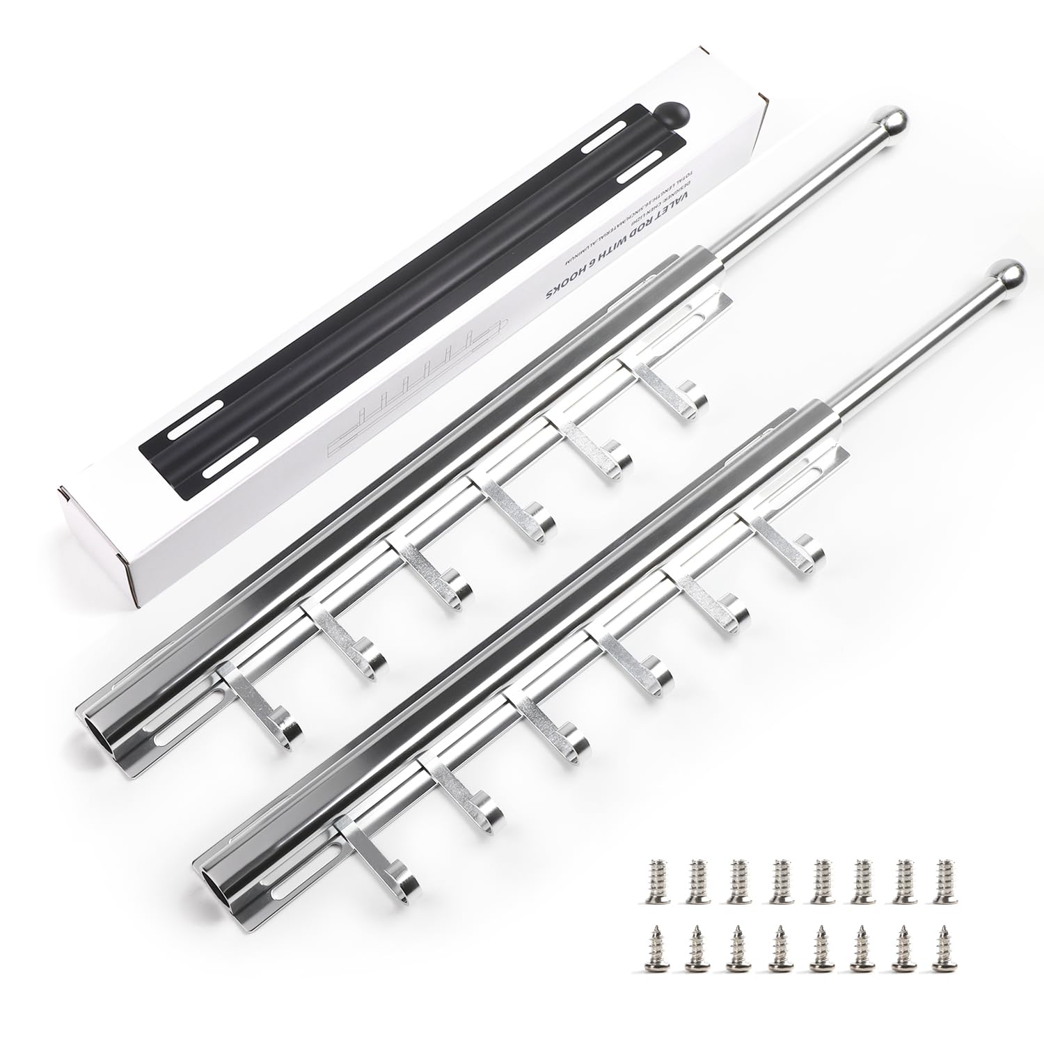 BaiNong Valet Rod for Closets Pull Out 16.5" Silver with 6 Hooks (2Pack)