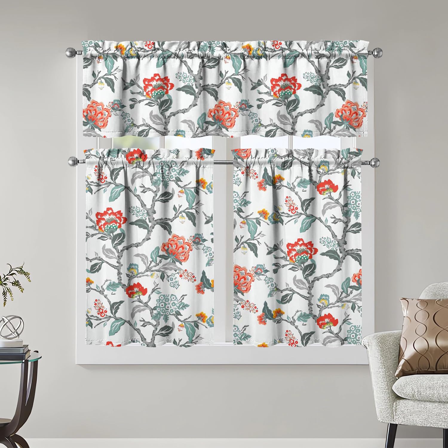 Floral Kitchen Curtains 3 Piece Set Tier Valance Window Decor