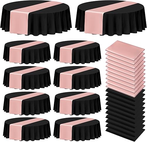 10 manteles desechables de plástico negro de 84 pulgadas con 10 manteles de satén color oro rosa de 12 x 108 pulgadas, manteles impermeables para