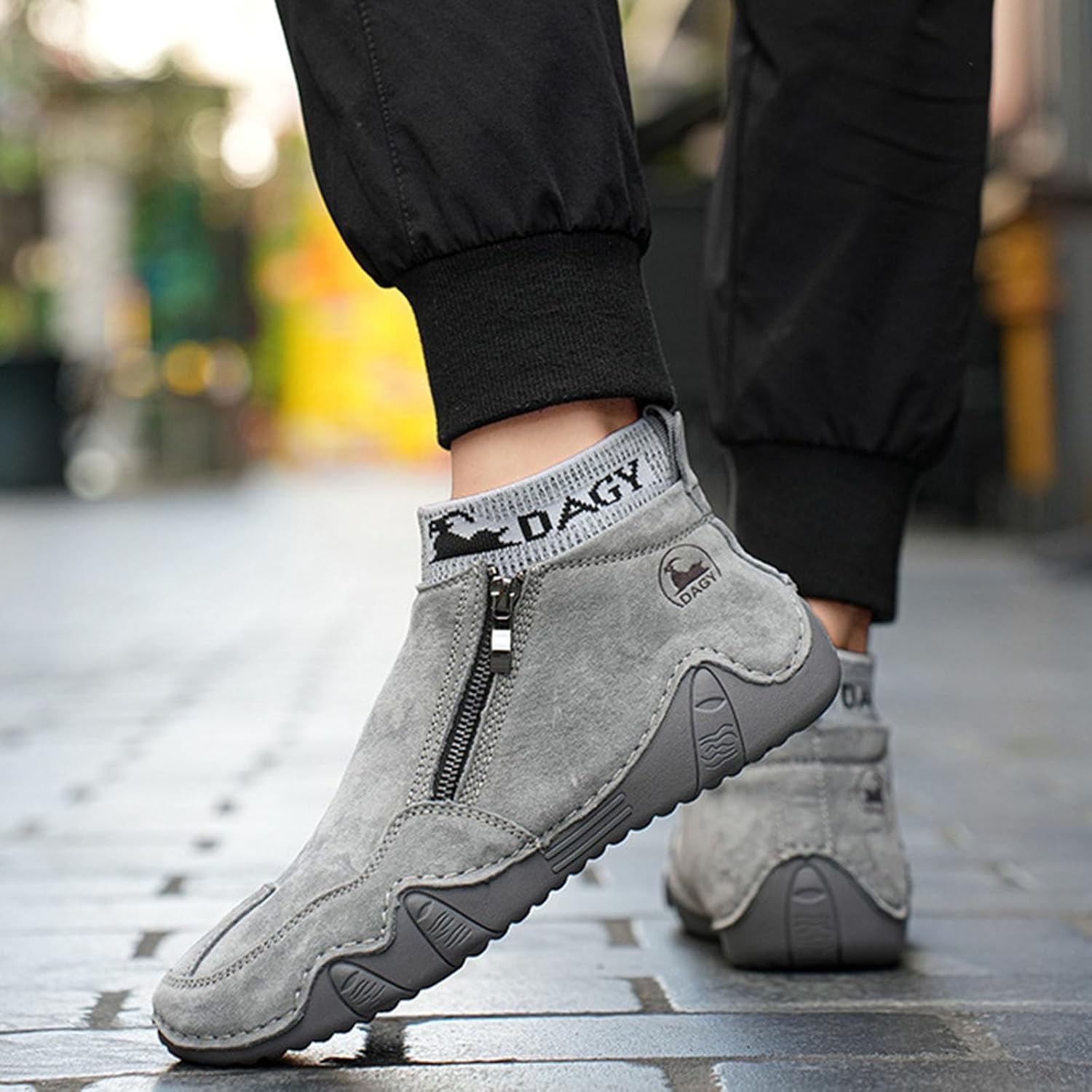 Men's Leather Driving Shoes Non Slip Hiking Boots with Side Zipper Casual Vintage Loafers Vintage Suede Walking Sneakers Comfortable Casual Dress Footwear Fashion Sneakers