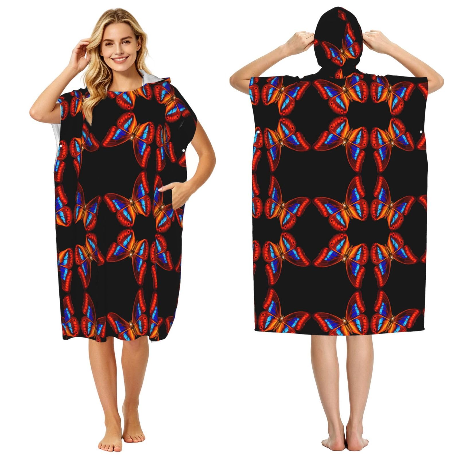 Peignoir à capuche noir imprimé papillon poncho adulte séchage rapide piscine plage