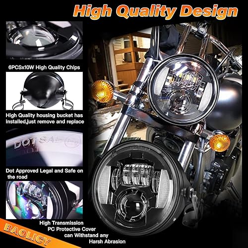 Miniatura 3 de BAOLICY Luz delantera de motocicleta LED redonda de 7 pulgadas con soporte de montaje de cubo de vivienda, señales de giro, luz LED de haz sellado,