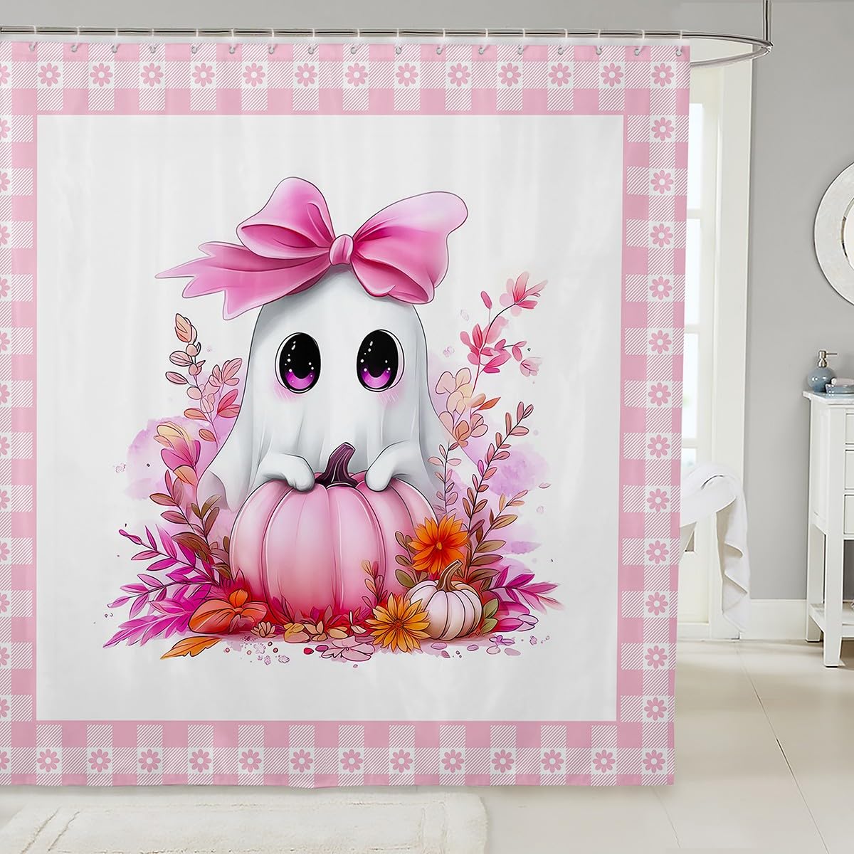 Rideau de douche imperméable motif fantôme rose avec 12 crochets pour salle de bain enfant