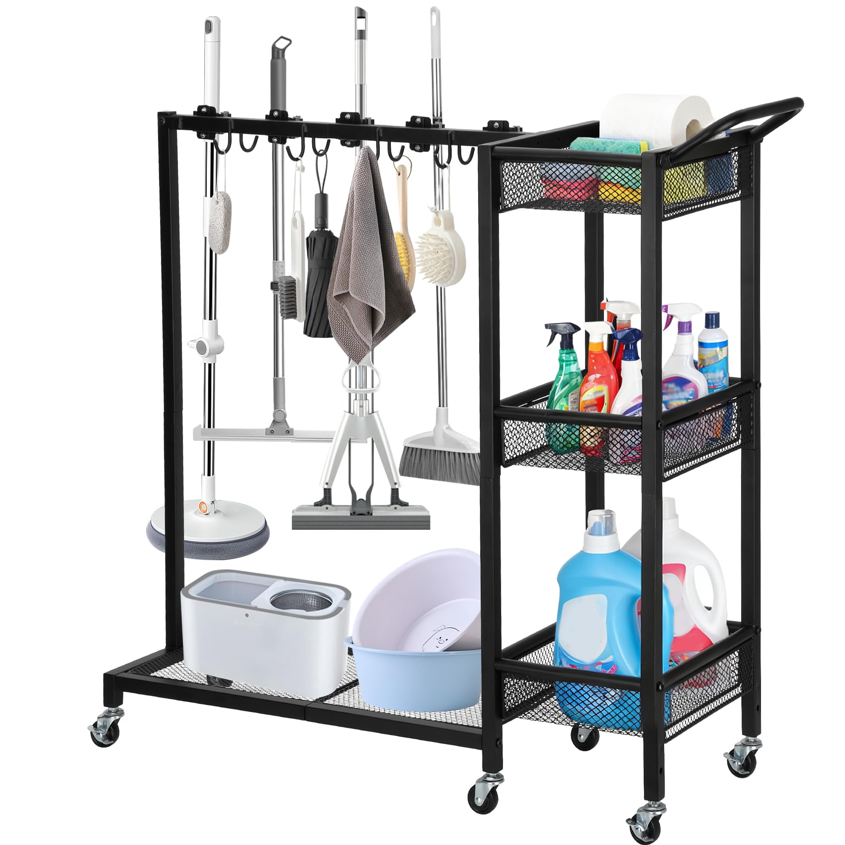 Broom Cart with Cleaning Supplie Organizer,Cleaning Cart with 8 Mop Hanger Gripper Rack Hooks 3-tier Storage Rack and 1 Large Shelf Cleaning Cart Organizer Suitable for Home and Commercial Use