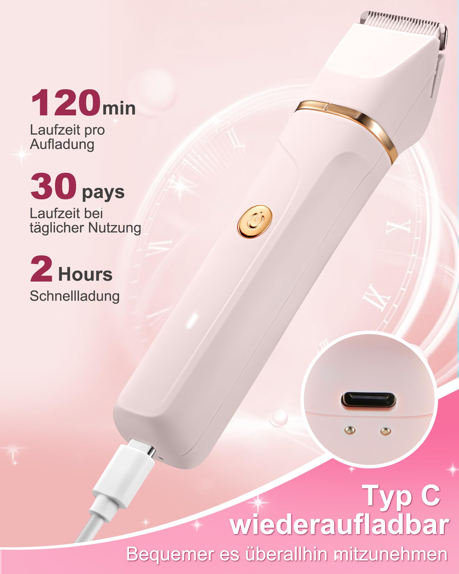 Rasierer Damen,3-In-1 Intimrasierer für Frauen,Gesichtshaarentferner für Frauen,Damenrasierer Elektrisch für Beine, Arme, Achseln und Bikinizone,Wiederaufladbarer Ipx7 Wasserdicht Trimmer Damen, Rosa
