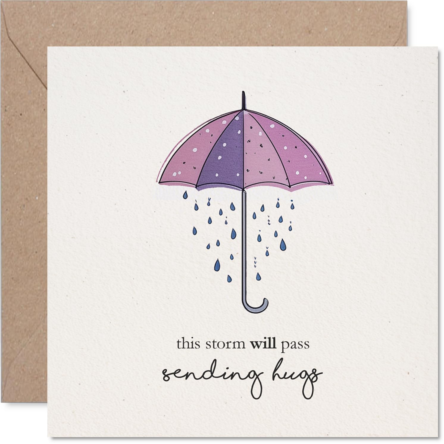 Comforting Sympathy Card - Gentle Words for Tough Times - Illustrated Umbrella and Soothing Raindrops - 145mm Square, Envelope Included
