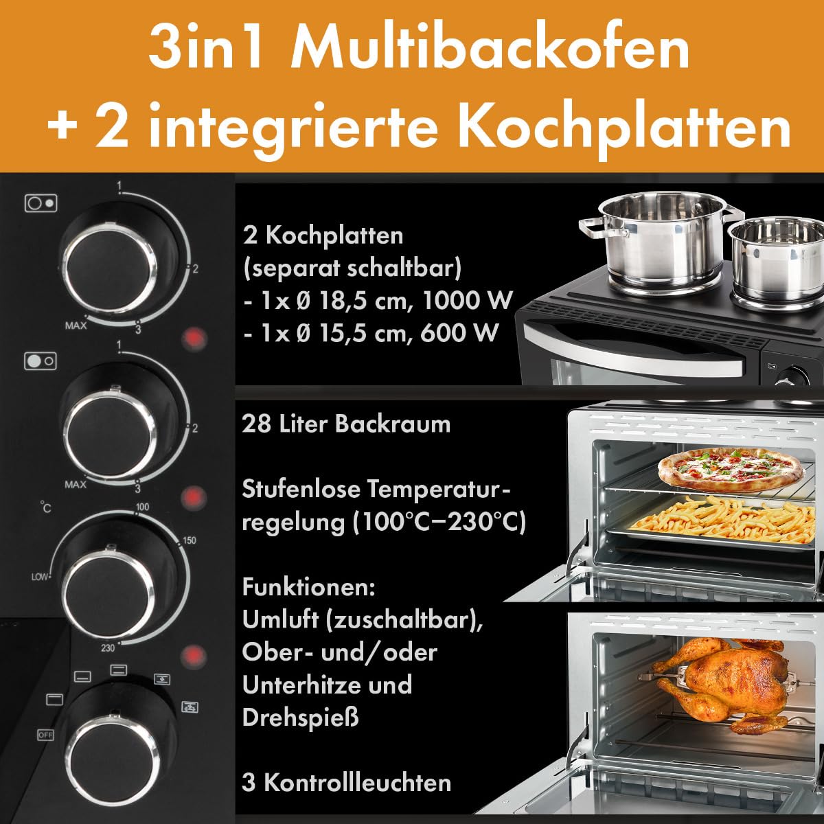 Bomann®mini piekarnik z płytą grzewczą i rożnem | gotowanie i pieczenie w tym samym czasie | 28L obracające się ciepło w górę/dół 100°-230°C | 3100 W z akcesoriami | KK